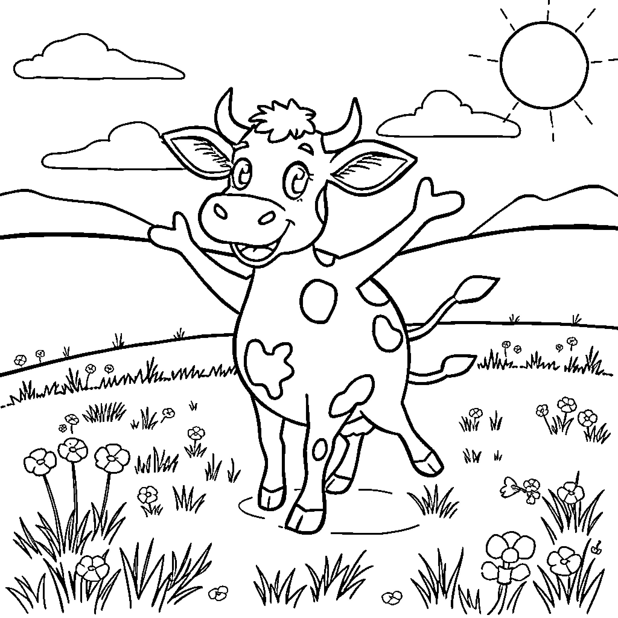 Cow enjoying a sunny day in the field Coloring Page (free black-and-white line drawing printable PDF for all, from beginners to advanced learners, including children, teens, adults, and seniors)