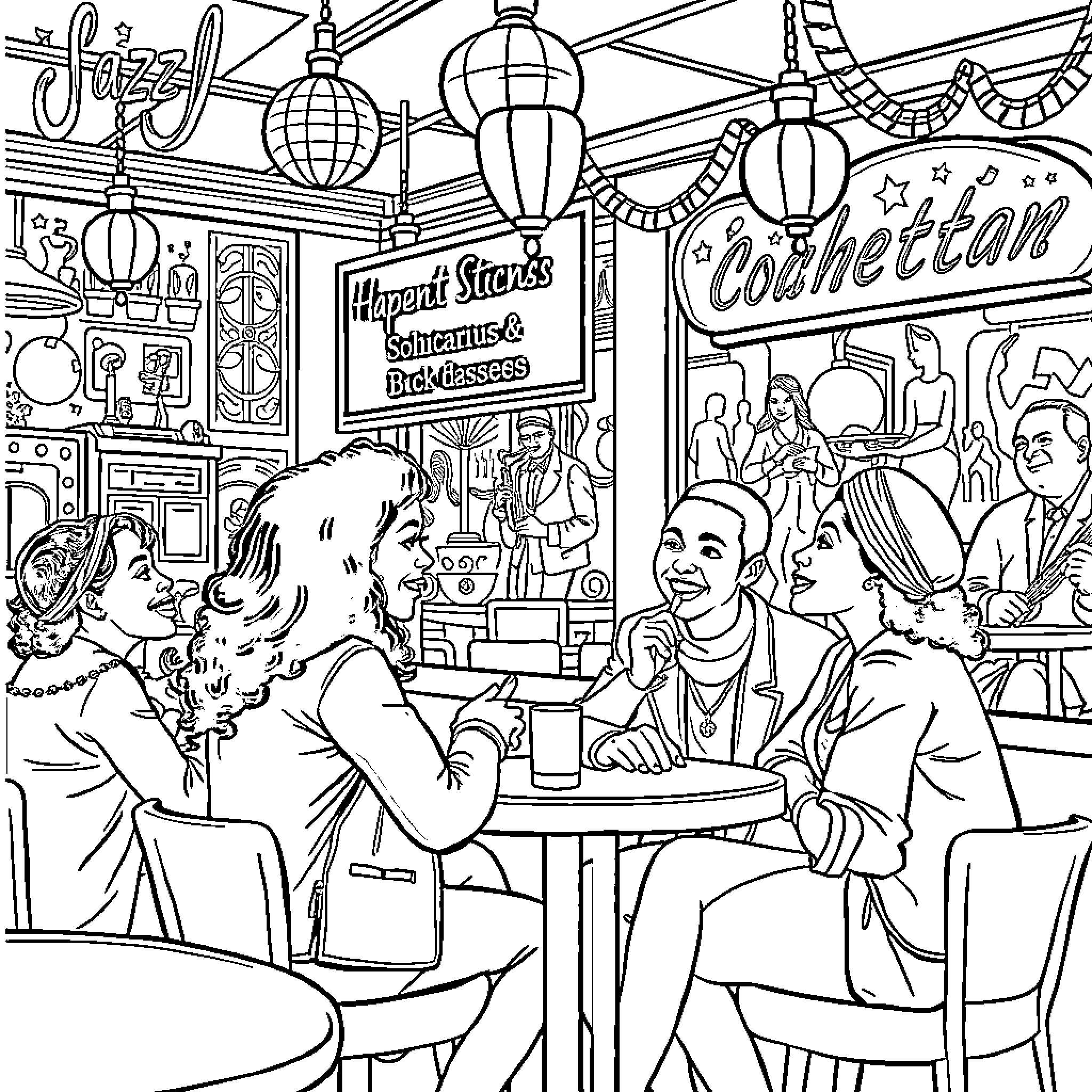 Students Enjoying a Night Out at the Cafe Coloring Page (free black-and-white line drawing printable PDF for all, from beginners to advanced learners, including children, teens, adults, and seniors)