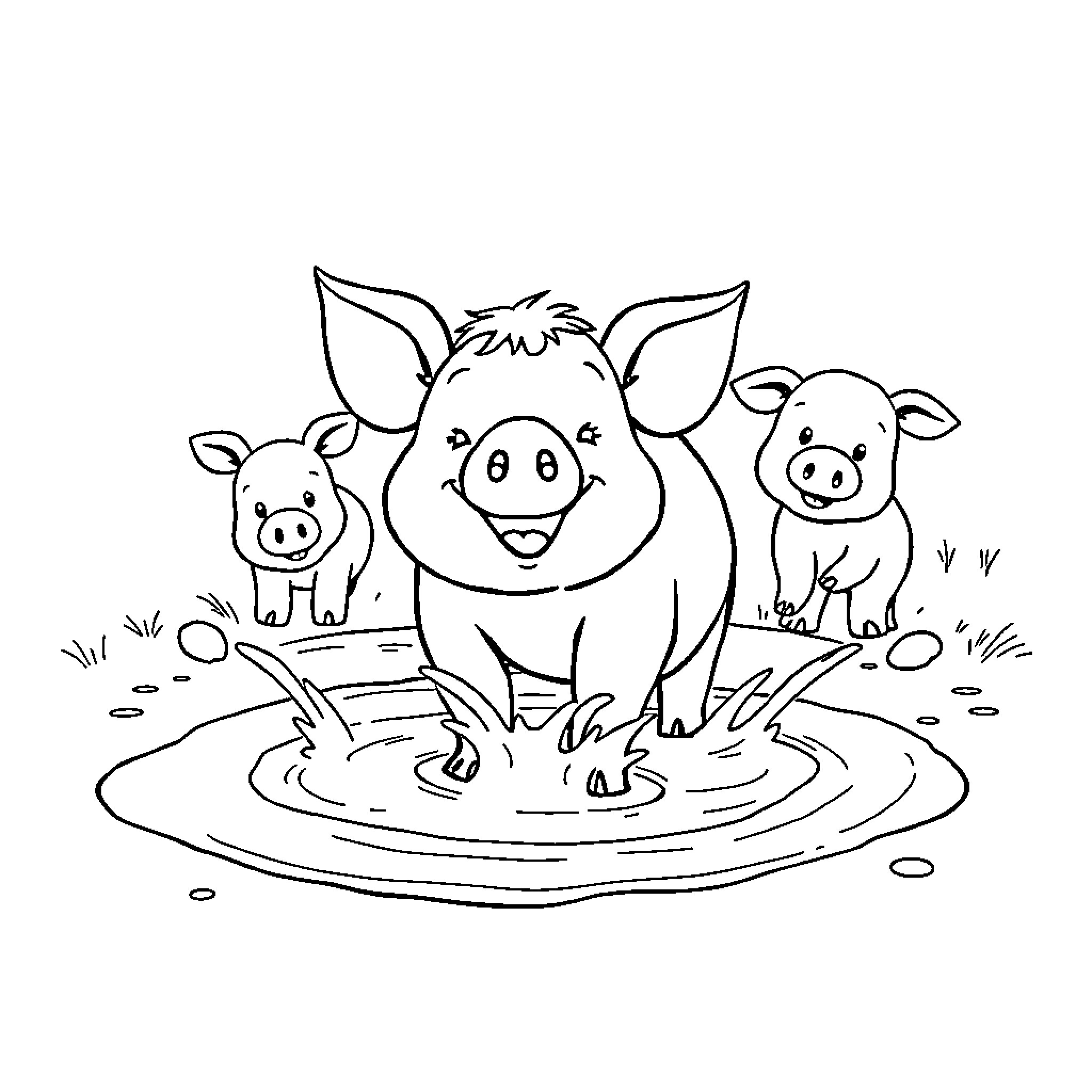 Pigs playing happily in the mud Coloring Page (free black-and-white line drawing printable PDF for all, from beginners to advanced learners, including children, teens, adults, and seniors)
