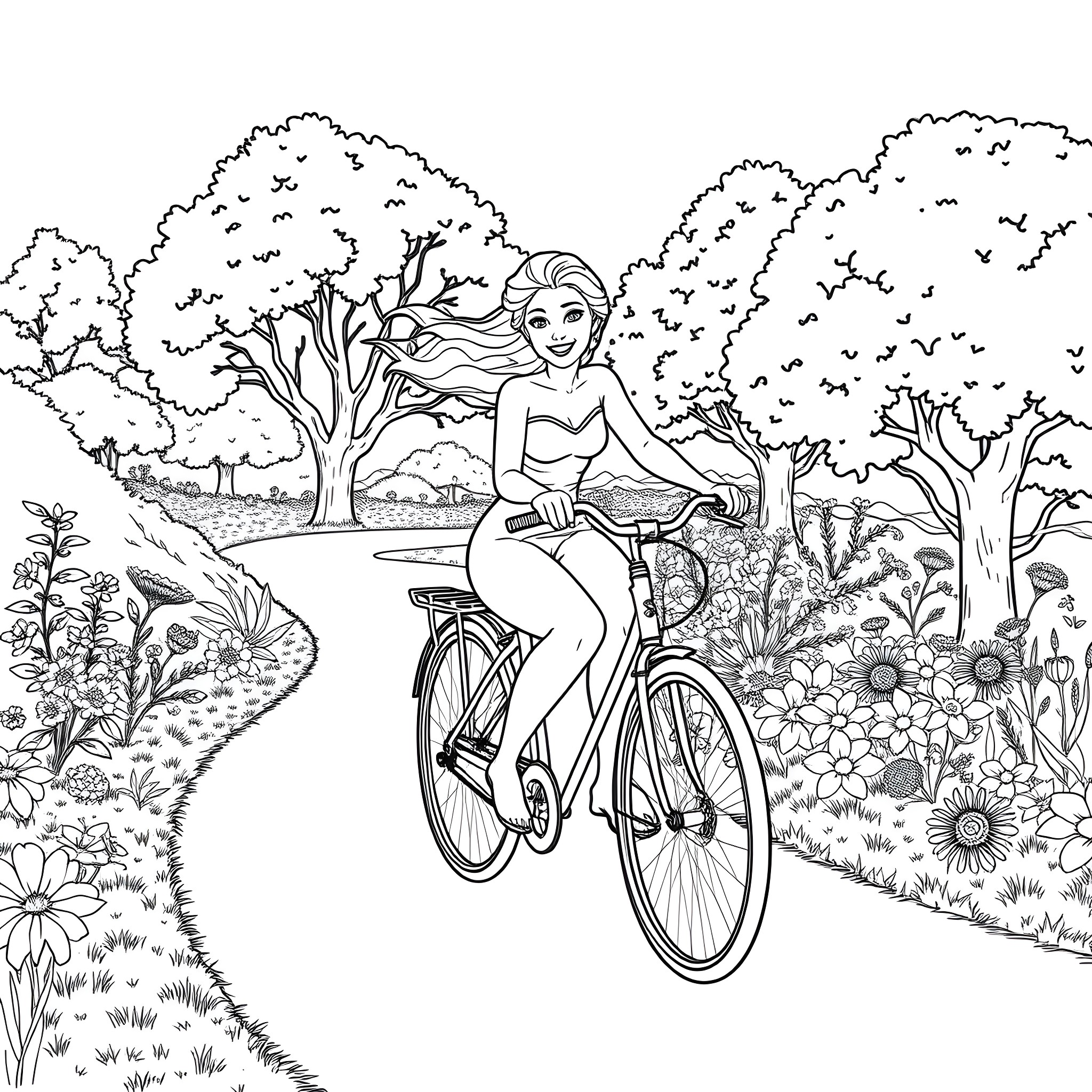 Elsa enjoying a leisurely bicycle ride through the garden Coloring Page (free black-and-white line drawing printable PDF for all, from beginners to advanced learners, including children, teens, adults, and seniors)