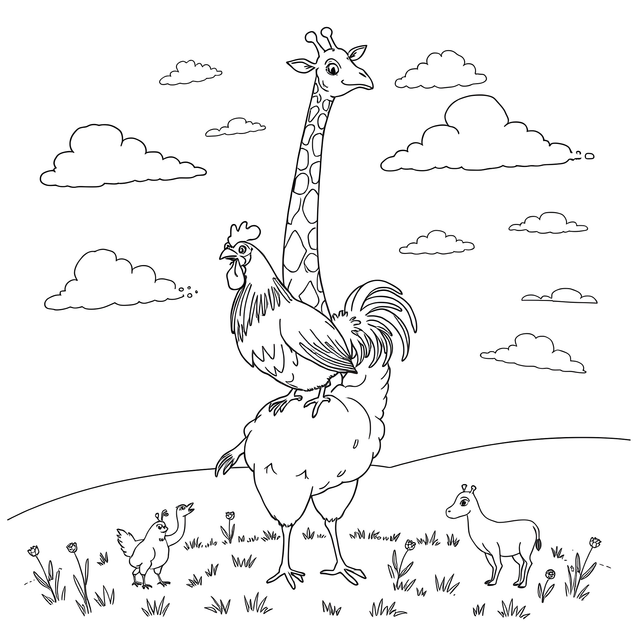 Giraffe and rooster in a rural landscape Coloring Page (free black-and-white line drawing printable PDF for all, from beginners to advanced learners, including children, teens, adults, and seniors)