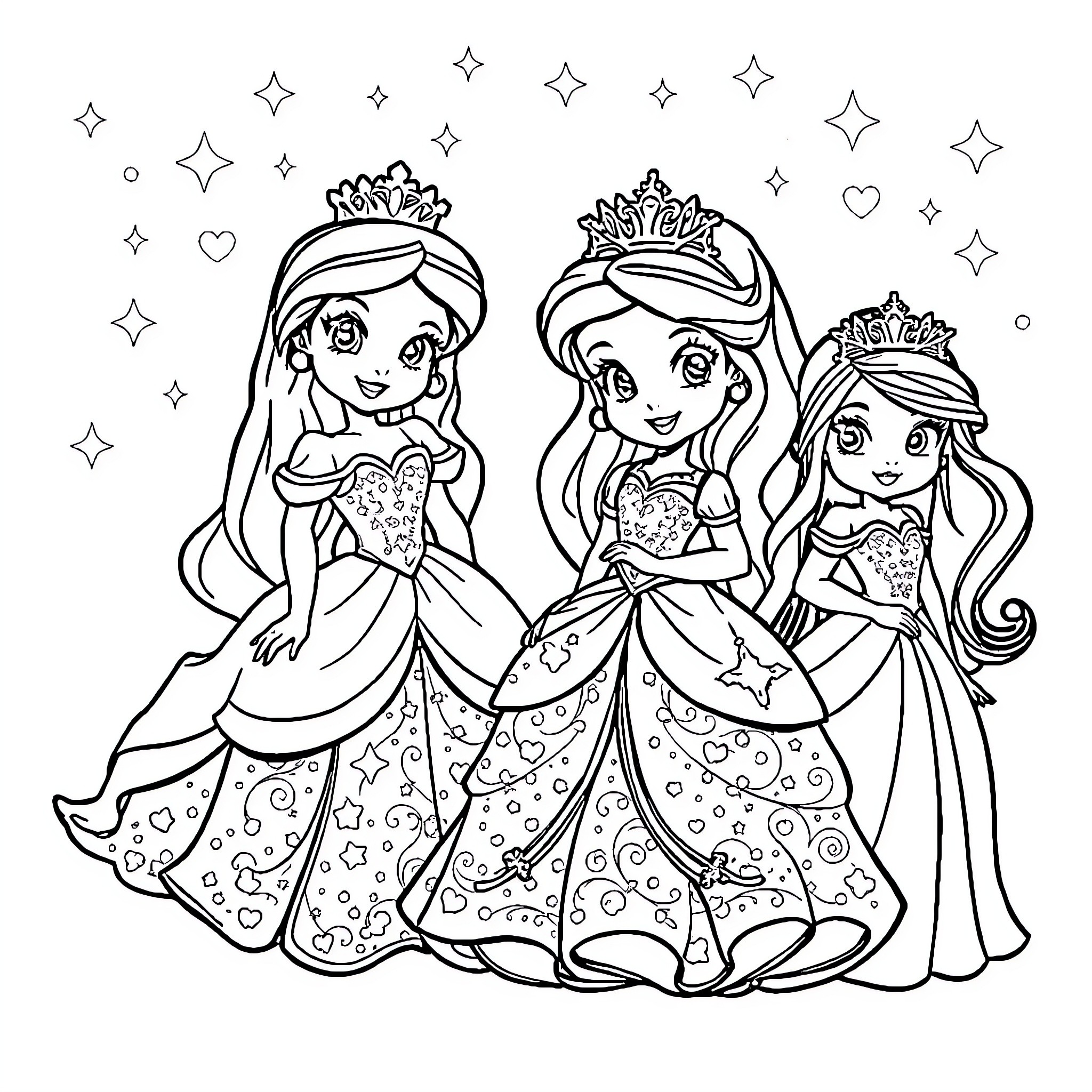 Disney Princess Trio in Elegant Ballgowns Coloring Page (free black-and-white line drawing printable PDF for all, from beginners to advanced learners, including children, teens, adults, and seniors)