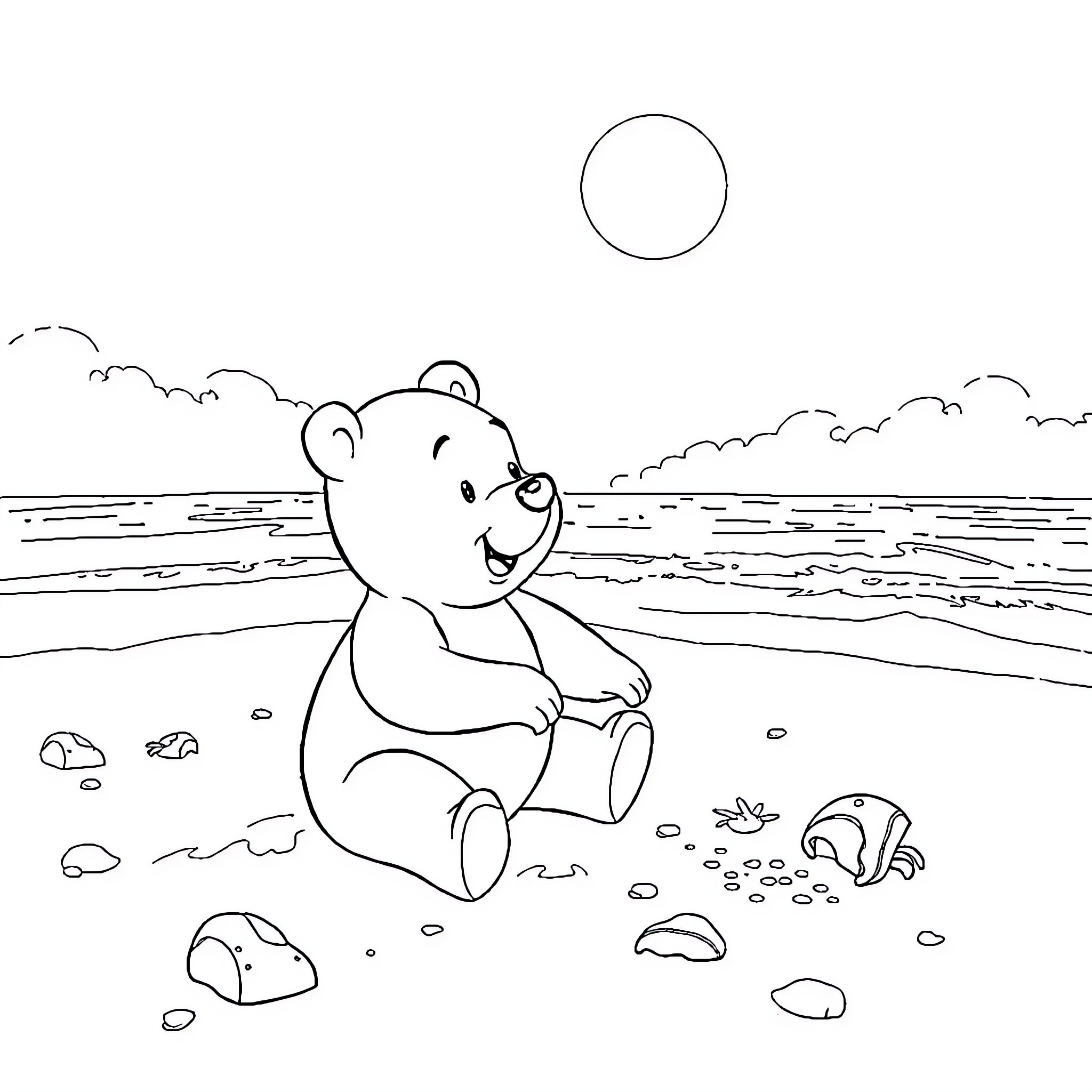 Winnie The Pooh relaxing on the beach Coloring Page (free black-and-white line drawing printable PDF for all, from beginners to advanced learners, including children, teens, adults, and seniors)