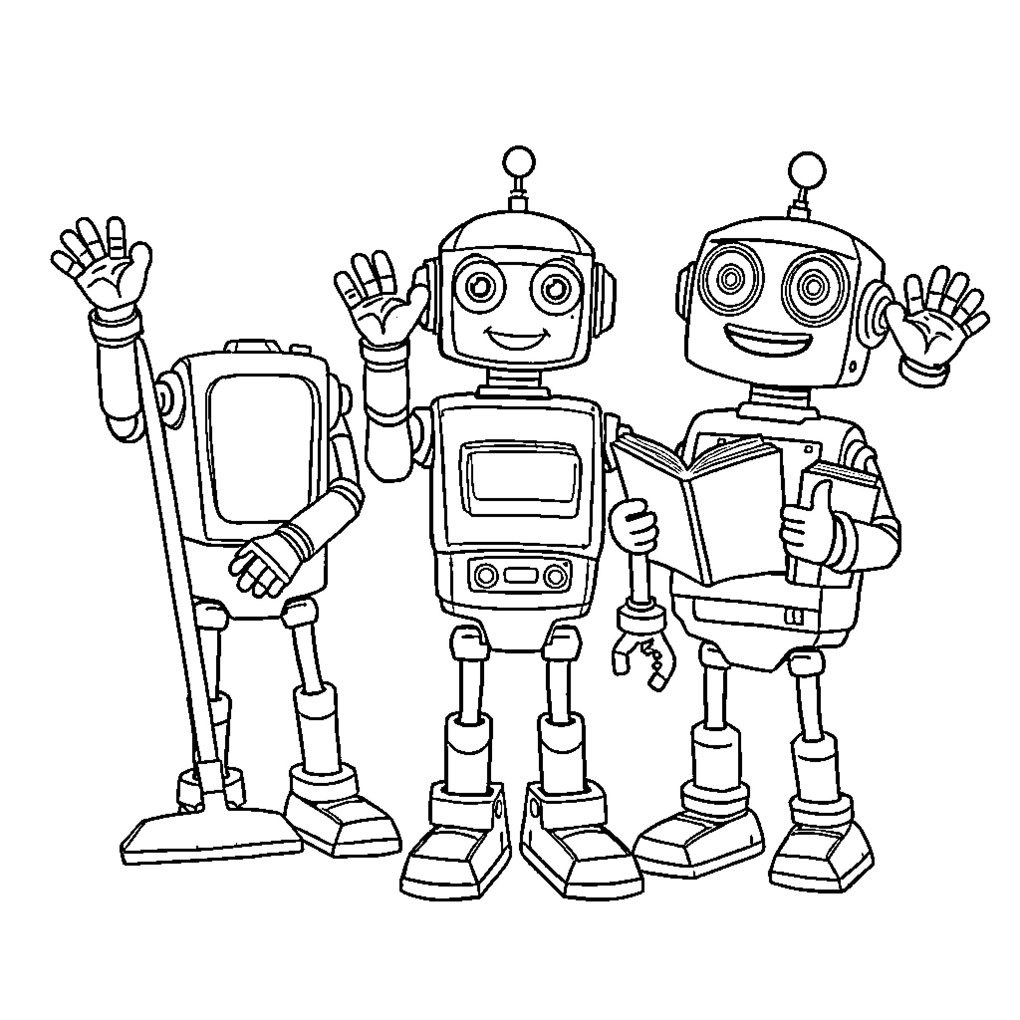 Robot Companions Waving Cheerfully Coloring Page (free black-and-white line drawing printable PDF for all, from beginners to advanced learners, including children, teens, adults, and seniors)