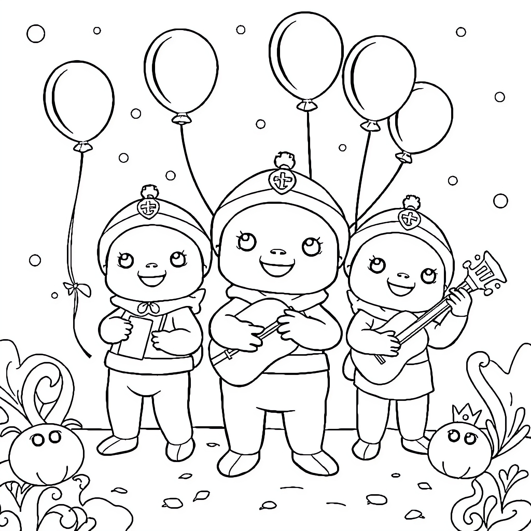 Octonauts celebrating with balloons and instruments Coloring Page (free black-and-white line drawing printable PDF for all, from beginners to advanced learners, including children, teens, adults, and seniors)