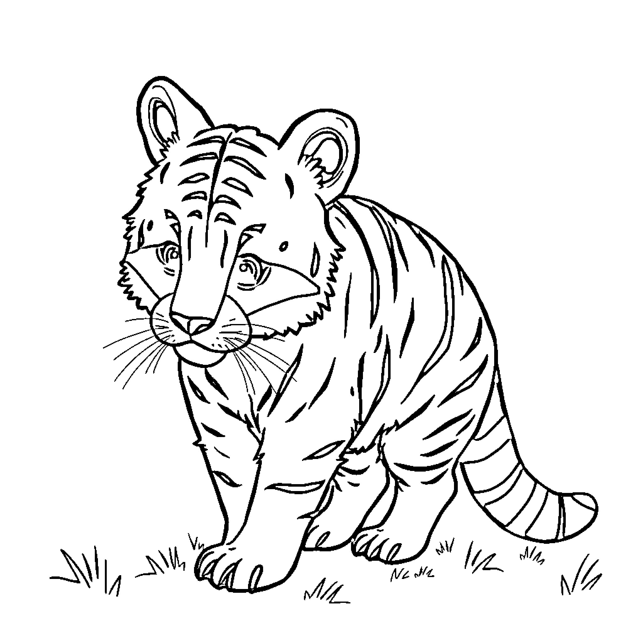 Tiger cub exploring the outdoors Coloring Page (free black-and-white line drawing printable PDF for all, from beginners to advanced learners, including children, teens, adults, and seniors)