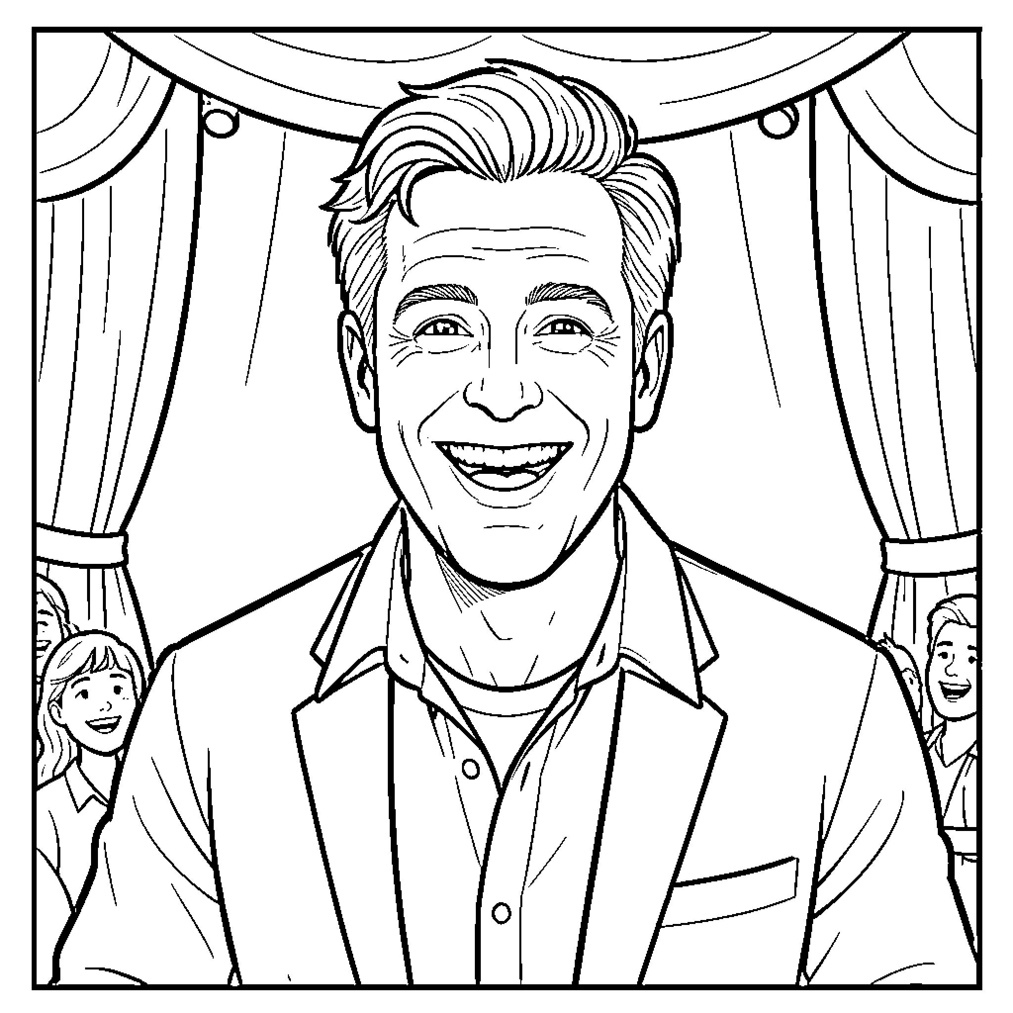 Adam Sandler smiling broadly in front of stage curtains Coloring Page (free black-and-white line drawing printable PDF for all, from beginners to advanced learners, including children, teens, adults, and seniors)