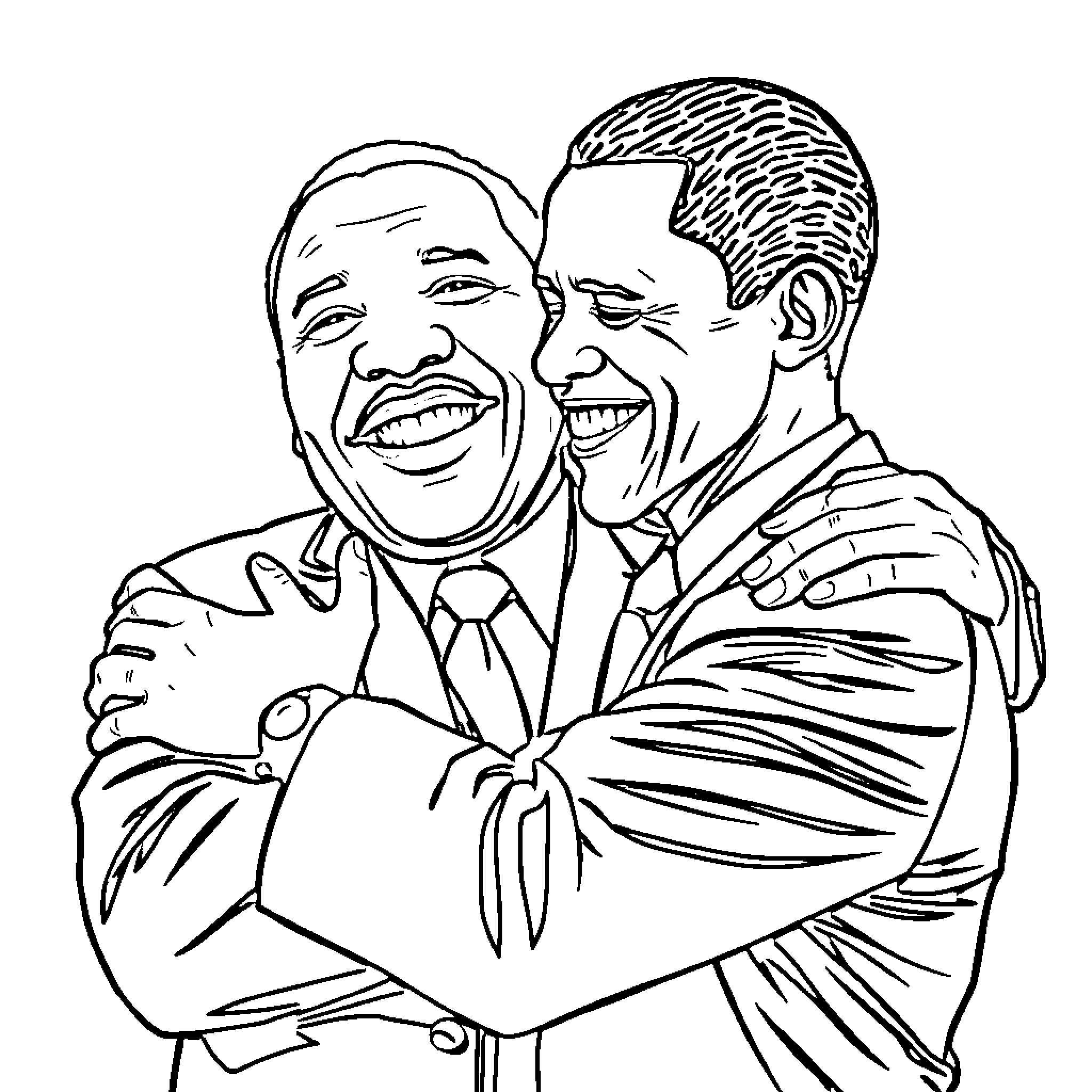Martin Luther King Jr. and Barack Obama in a Warm Embrace Coloring Page (free black-and-white line drawing printable PDF for all, from beginners to advanced learners, including children, teens, adults, and seniors)