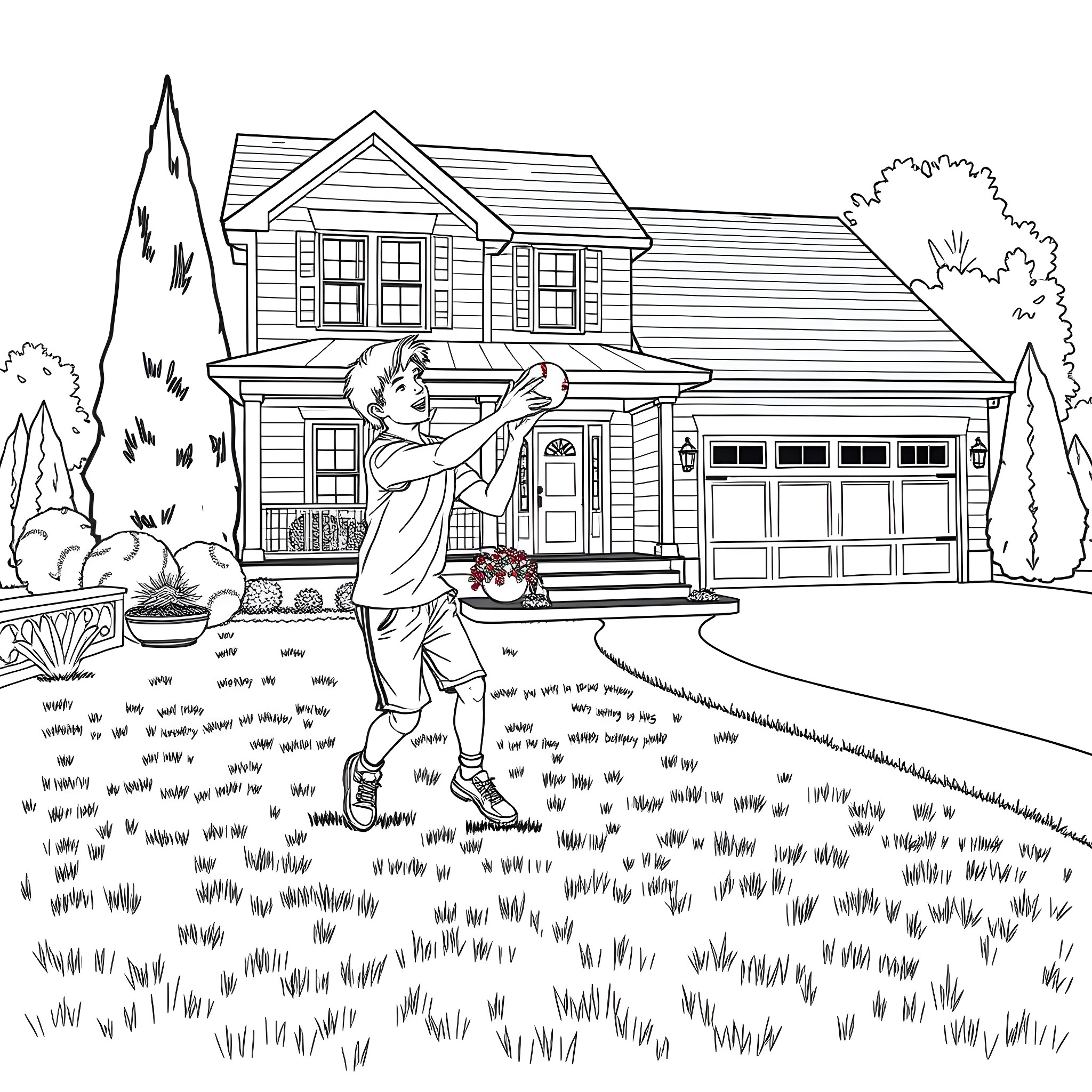 Teen Guy Playing in Front of House Coloring Page (free black-and-white line drawing printable PDF for all, from beginners to advanced learners, including children, teens, adults, and seniors)