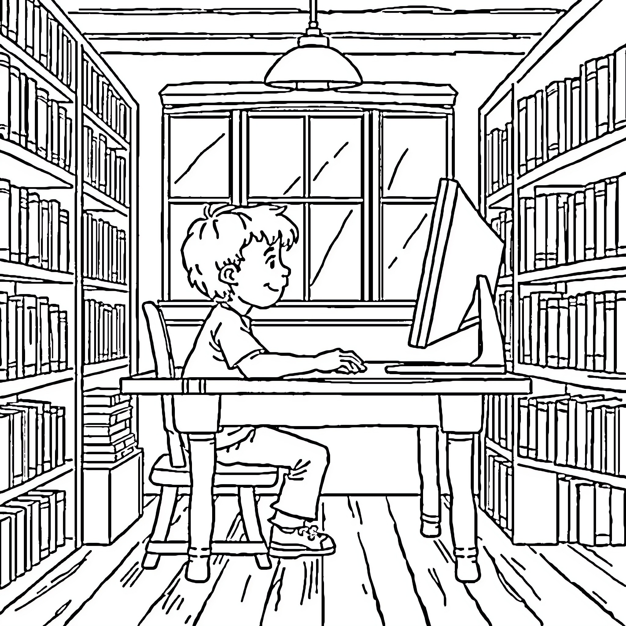 Boy studying diligently in the library Coloring Page (free black-and-white line drawing printable PDF for all, from beginners to advanced learners, including children, teens, adults, and seniors)