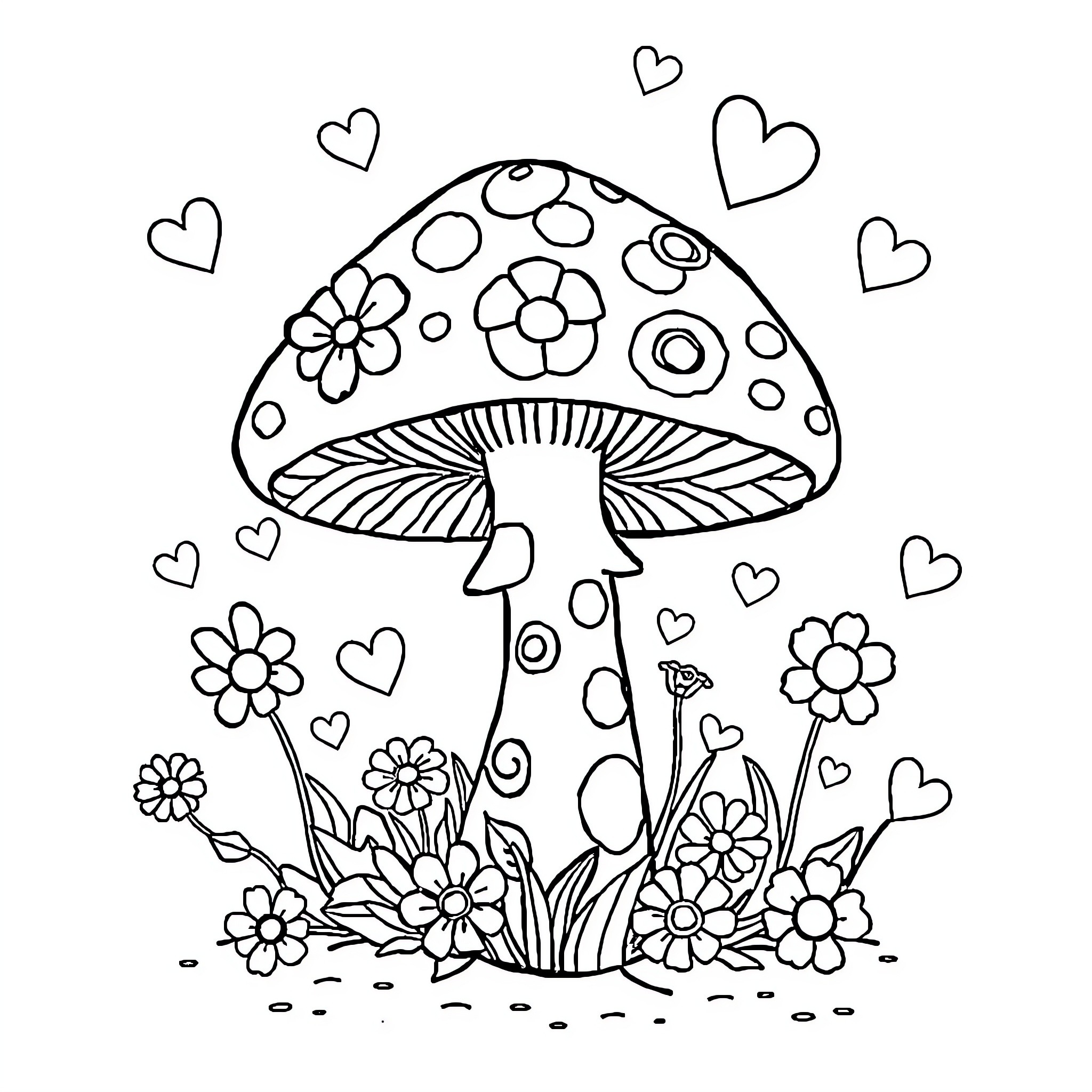 Mushroom garden with whimsical flowers and hearts Coloring Page (free black-and-white line drawing printable PDF for all, from beginners to advanced learners, including children, teens, adults, and seniors)