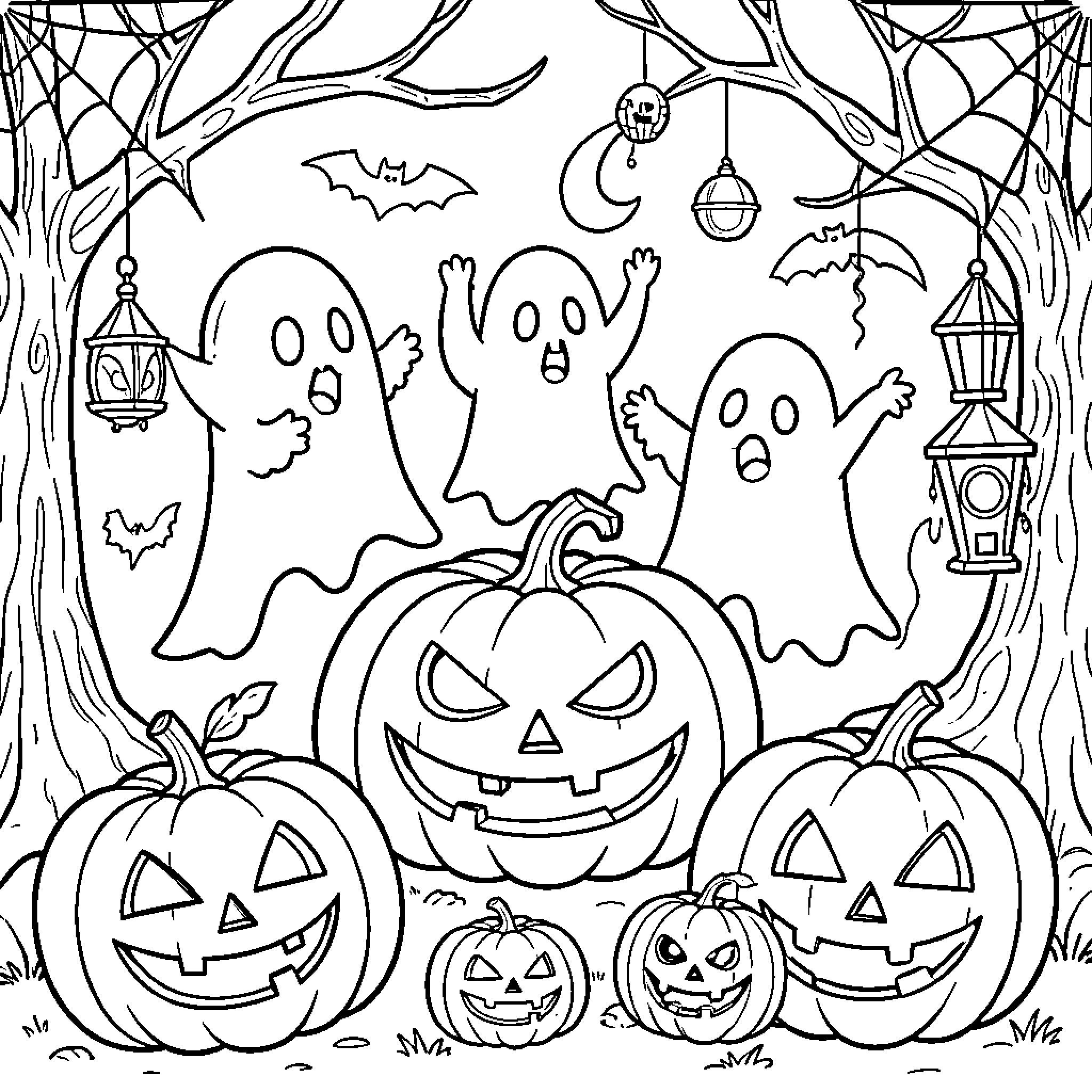 Halloween ghosts floating joyfully around carved pumpkins Coloring Page (free black-and-white line drawing printable PDF for all, from beginners to advanced learners, including children, teens, adults, and seniors)