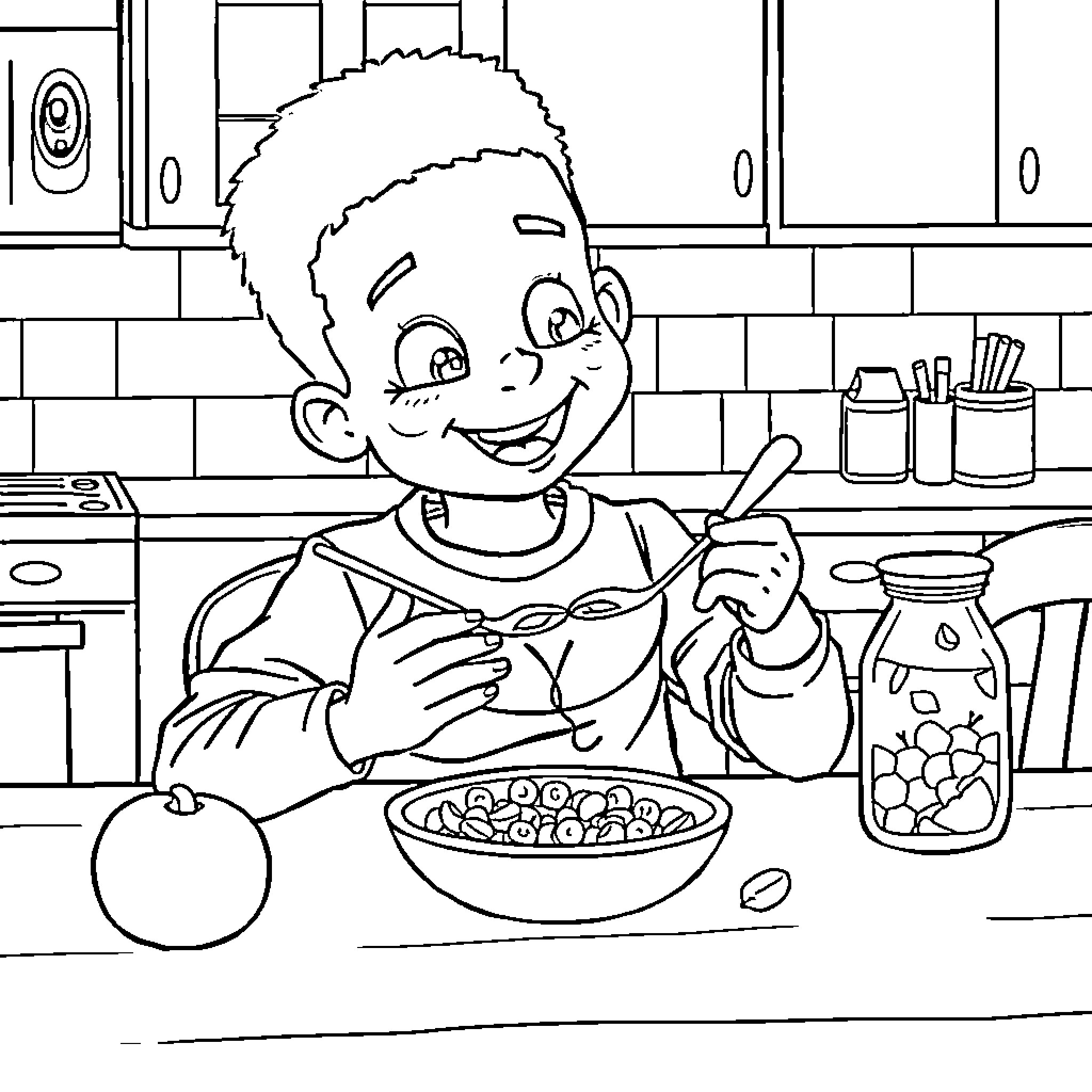 Boy eating breakfast happily in the kitchen Coloring Page (free black-and-white line drawing printable PDF for all, from beginners to advanced learners, including children, teens, adults, and seniors)
