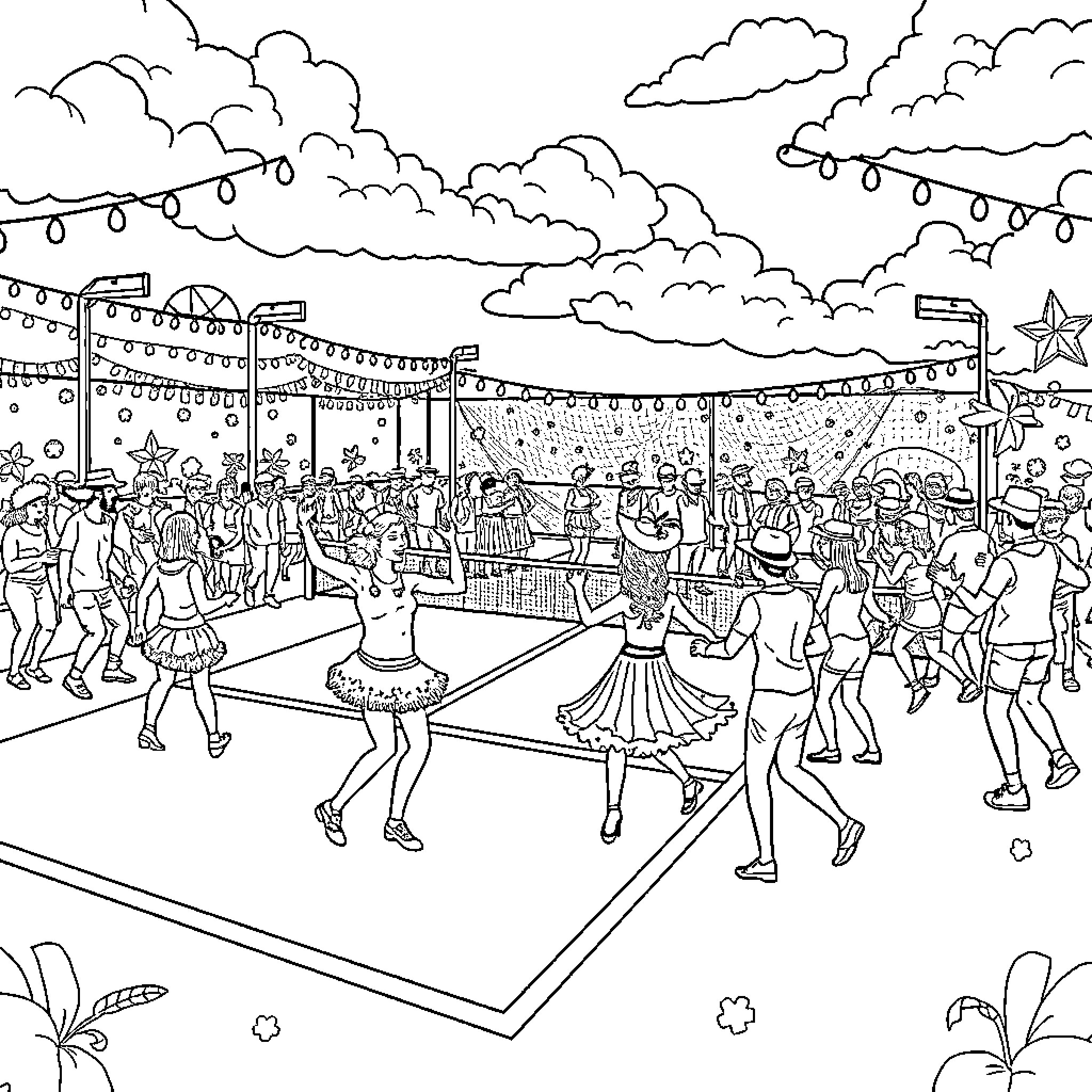 Carnaval celebration with vibrant costumes and lively dancing Coloring Page (free black-and-white line drawing printable PDF for all, from beginners to advanced learners, including children, teens, adults, and seniors)