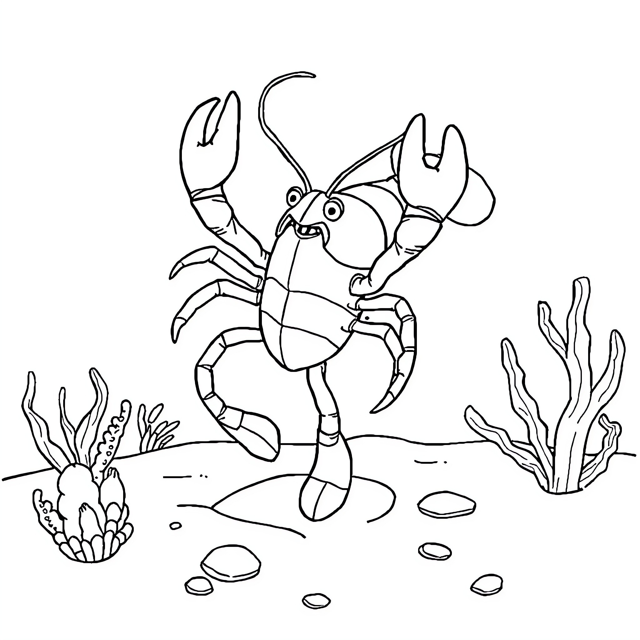 Lobster exploring the ocean floor Coloring Page (free black-and-white line drawing printable PDF for all, from beginners to advanced learners, including children, teens, adults, and seniors)