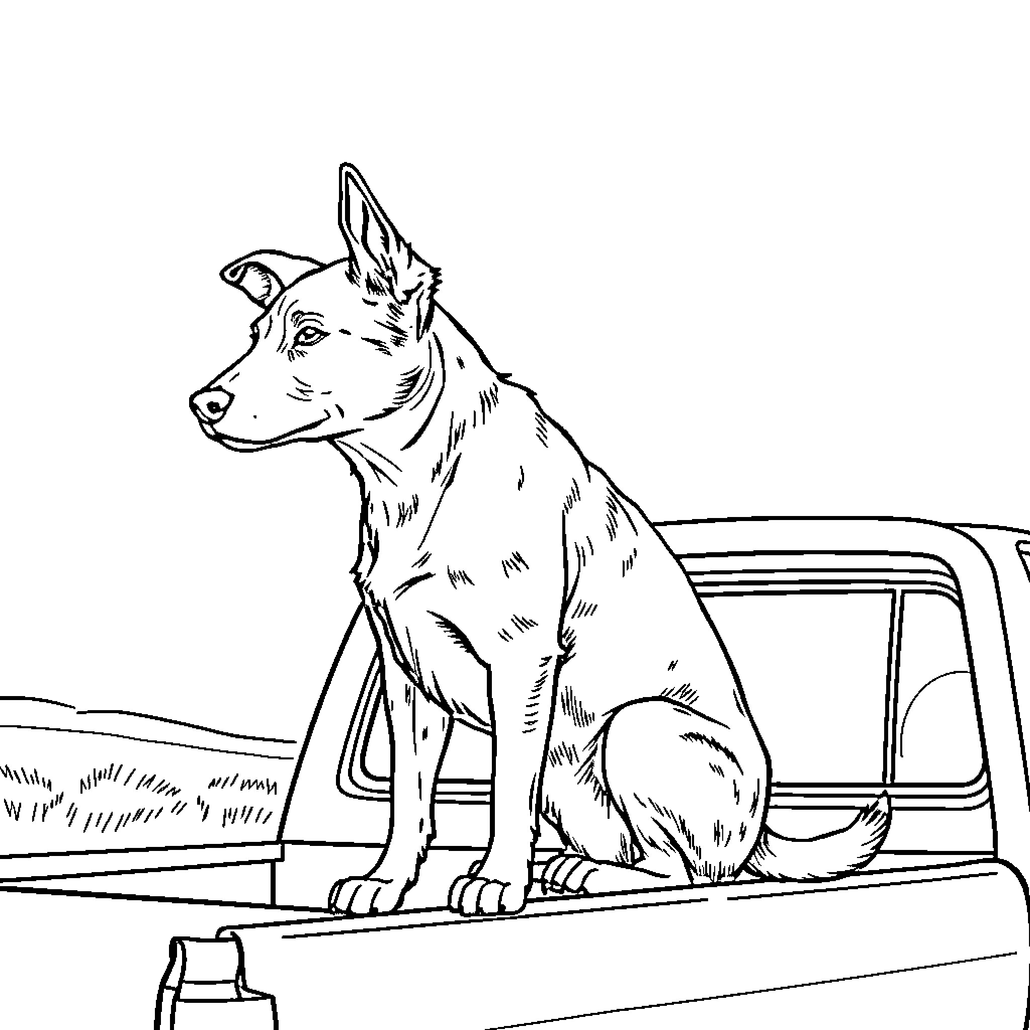 Cattle Dog Riding in Truck Bed Coloring Page (free black-and-white line drawing printable PDF for all, from beginners to advanced learners, including children, teens, adults, and seniors)