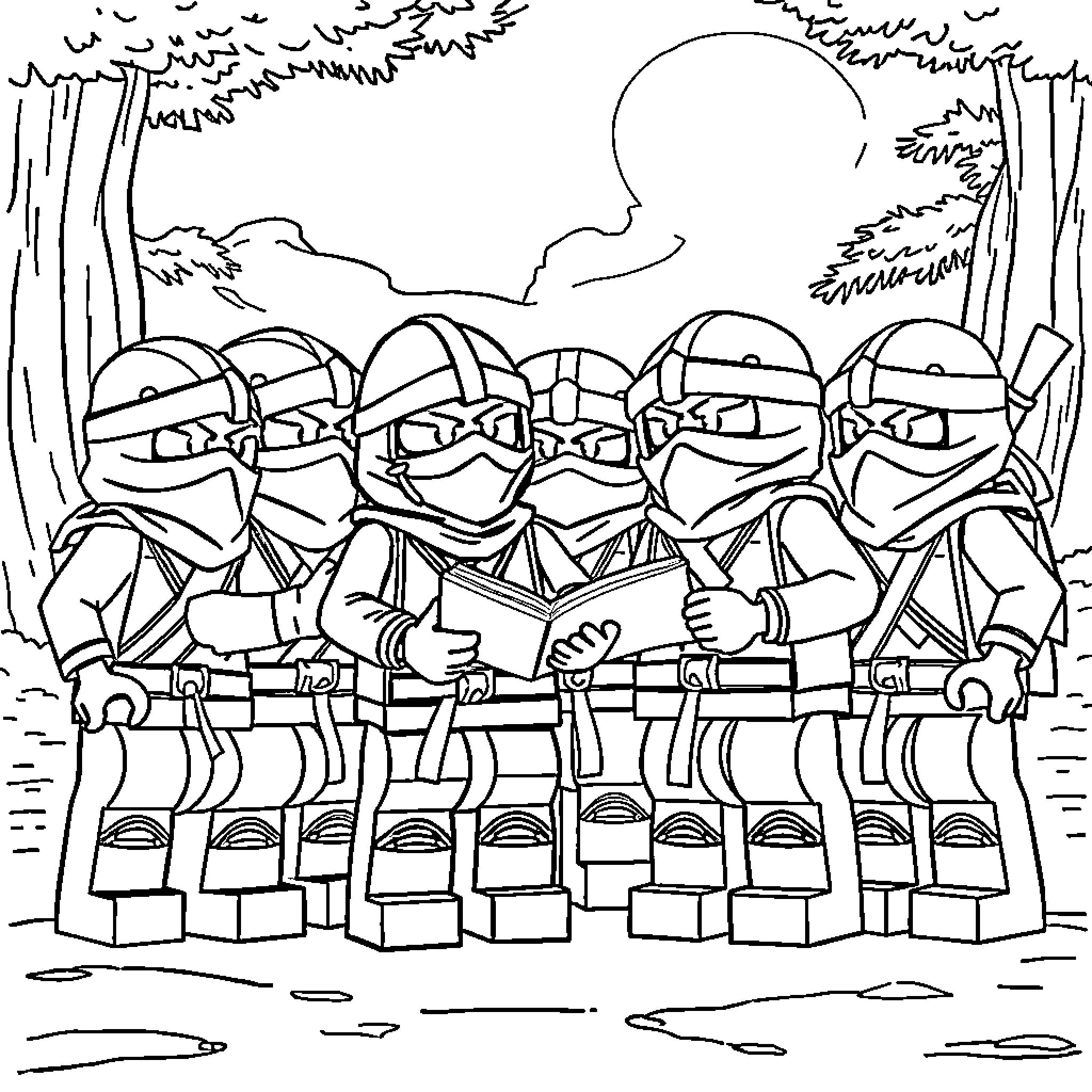 Ninja warriors in the forest Coloring Page (free black-and-white line drawing printable PDF for all, from beginners to advanced learners, including children, teens, adults, and seniors)