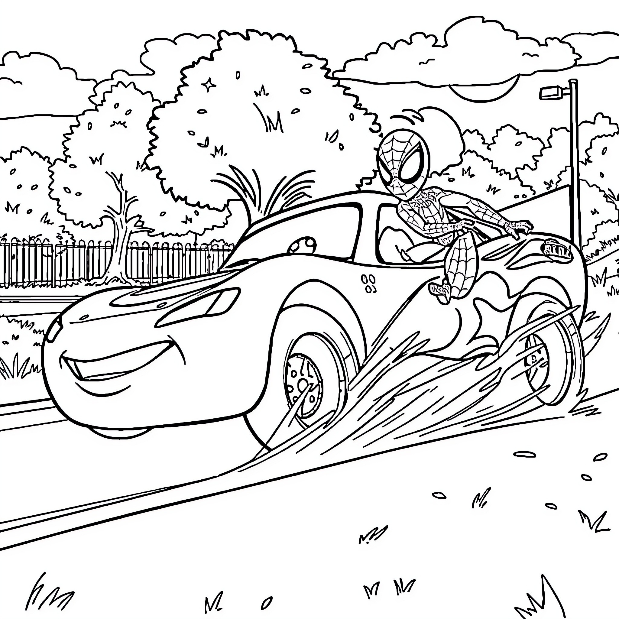 Flash McQueen racing with Spider-Man through the park Coloring Page (free black-and-white line drawing printable PDF for all, from beginners to advanced learners, including children, teens, adults, and seniors)