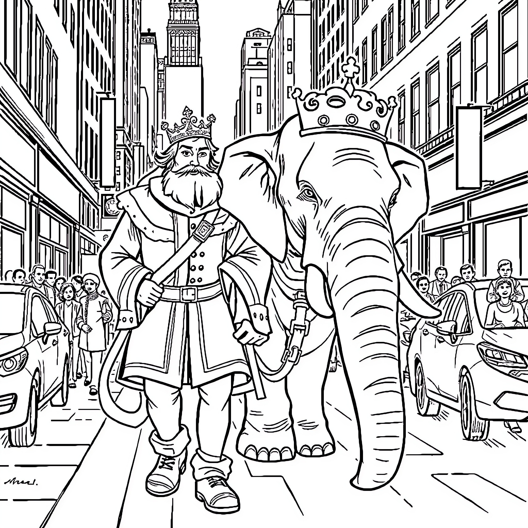 Henry the 8th leading a parade with an elephant Coloring Page (free black-and-white line drawing printable PDF for all, from beginners to advanced learners, including children, teens, adults, and seniors)
