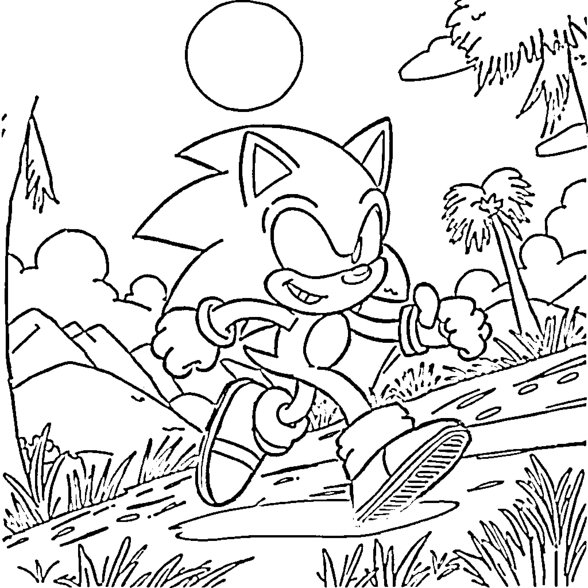 Sonic Enjoying a Playful Outdoor Adventure Coloring Page (free black-and-white line drawing printable PDF for all, from beginners to advanced learners, including children, teens, adults, and seniors)