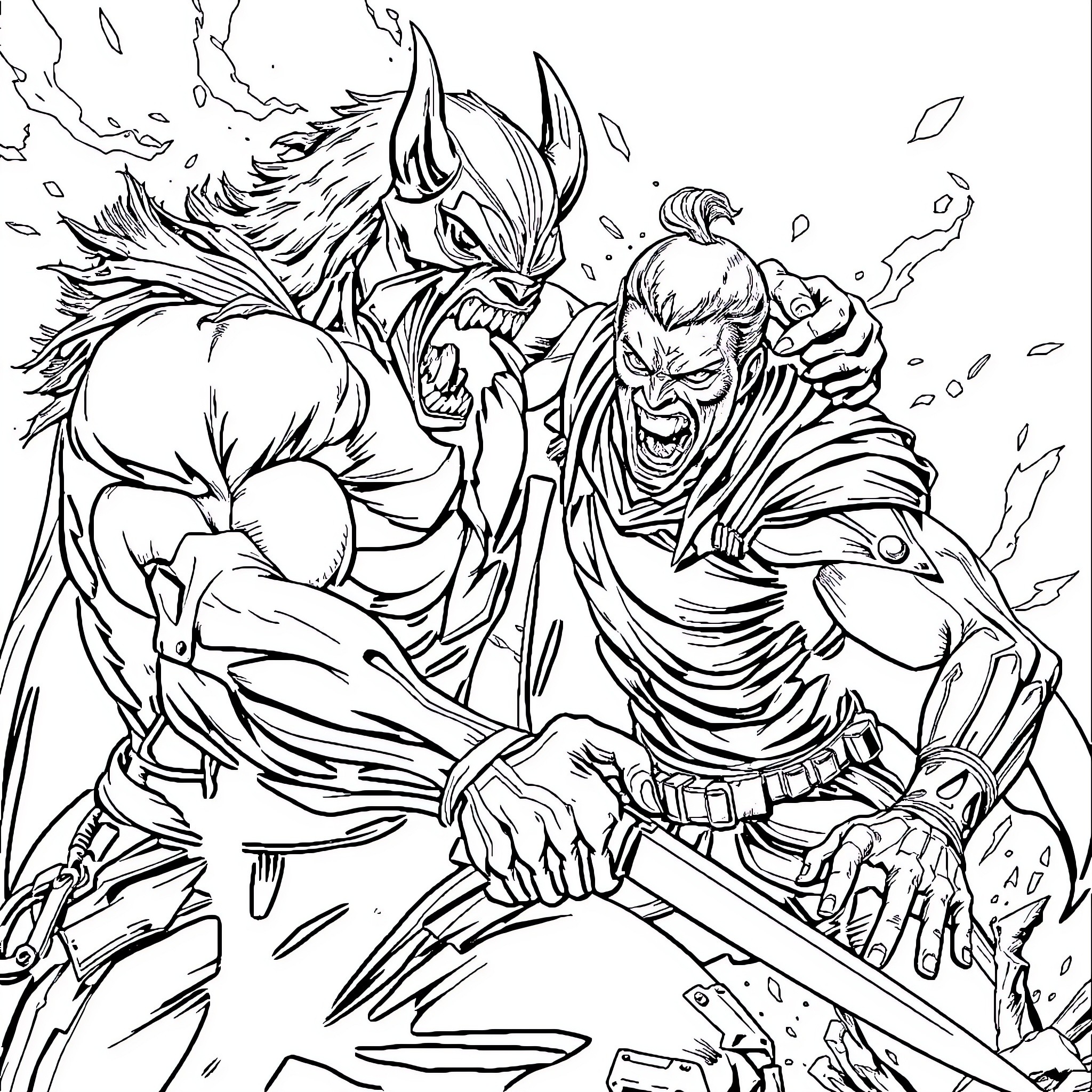 Predator warriors engaged in fierce combat Coloring Page (free black-and-white line drawing printable PDF for all, from beginners to advanced learners, including children, teens, adults, and seniors)