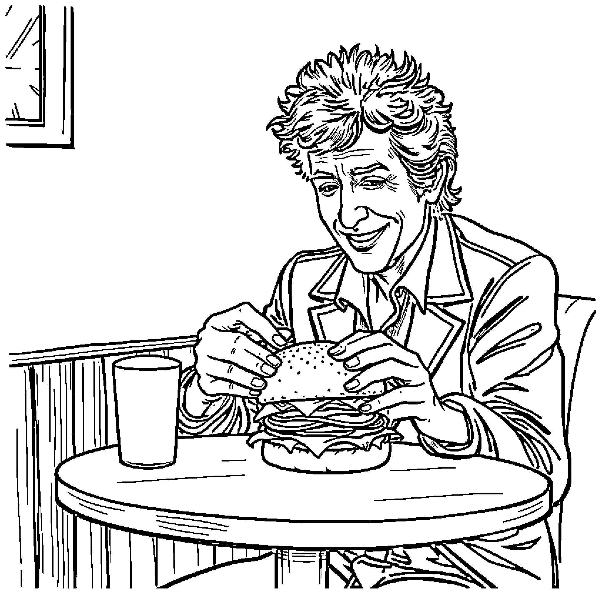 Bob Dylan enjoying a casual meal at a diner Coloring Page (free black-and-white line drawing printable PDF for all, from beginners to advanced learners, including children, teens, adults, and seniors)