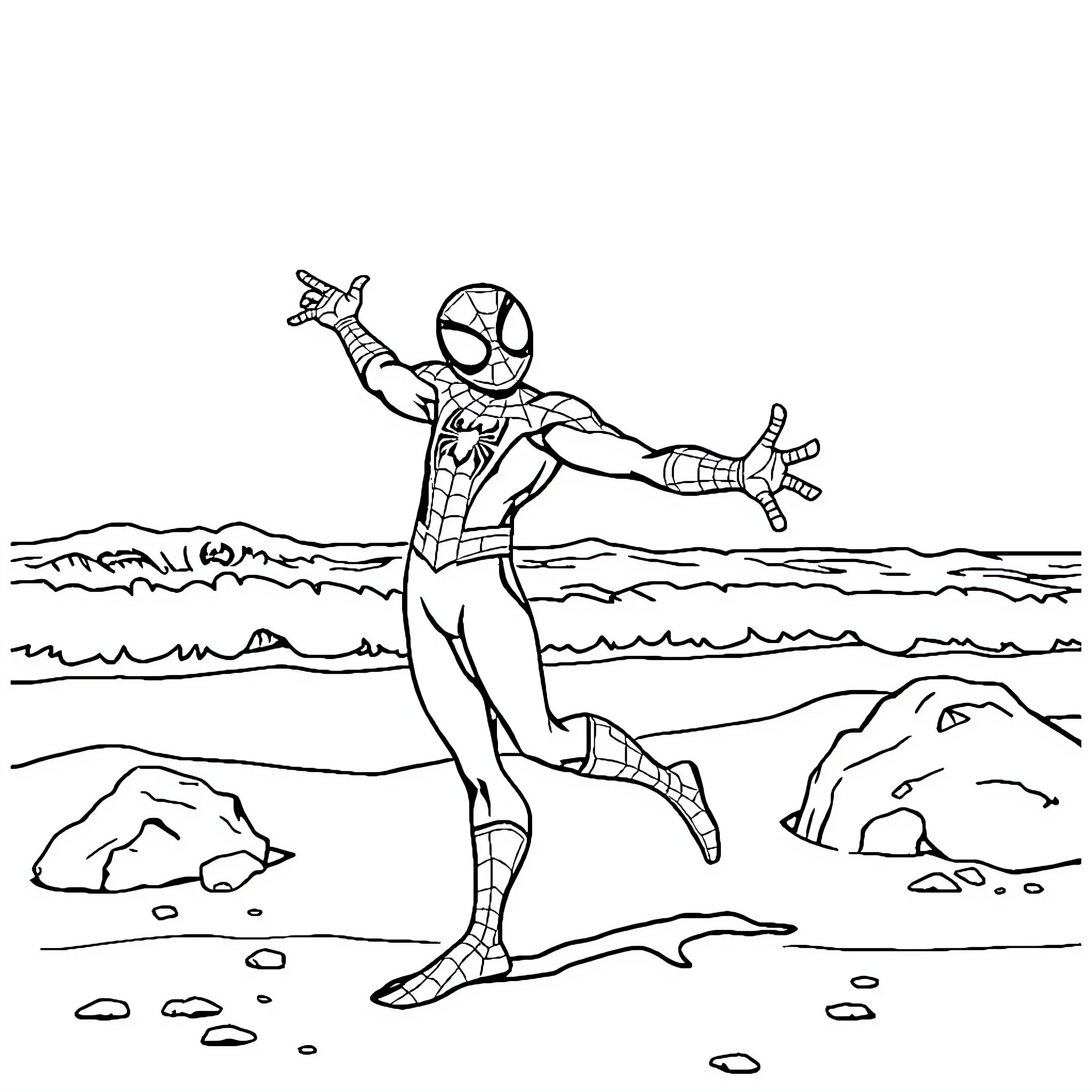 Spiderman web-slinging through a rocky beach Coloring Page (free black-and-white line drawing printable PDF for all, from beginners to advanced learners, including children, teens, adults, and seniors)