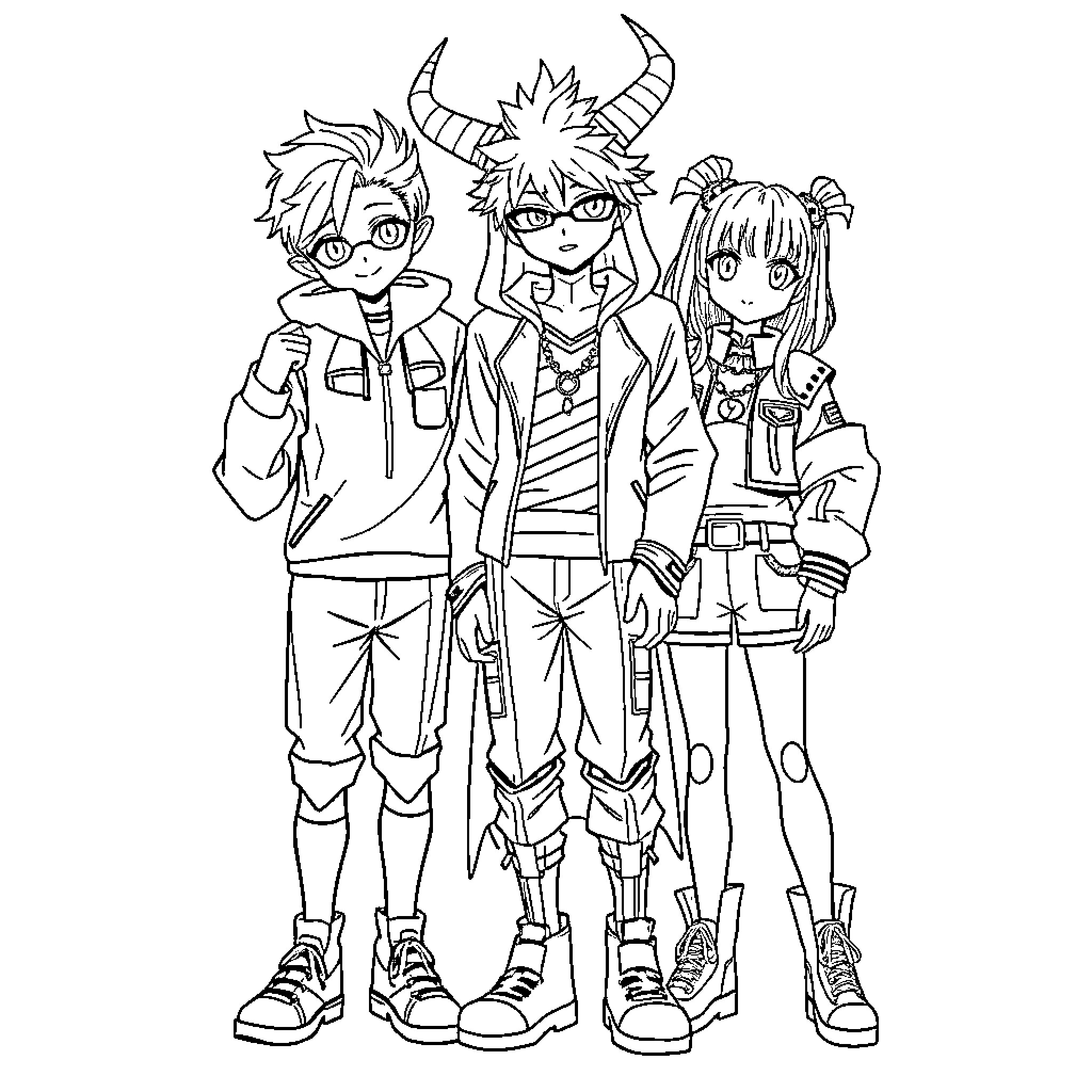 Kpop Demon Hunter Trio in Action-Packed Attire Coloring Page (free black-and-white line drawing printable PDF for all, from beginners to advanced learners, including children, teens, adults, and seniors)