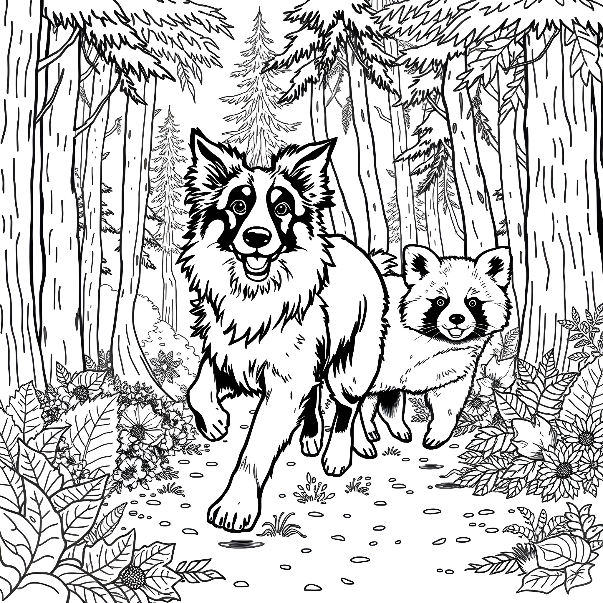 Border Collie and Red Panda Playing in the Forest Coloring Page (free black-and-white line drawing printable PDF for all, from beginners to advanced learners, including children, teens, adults, and seniors)