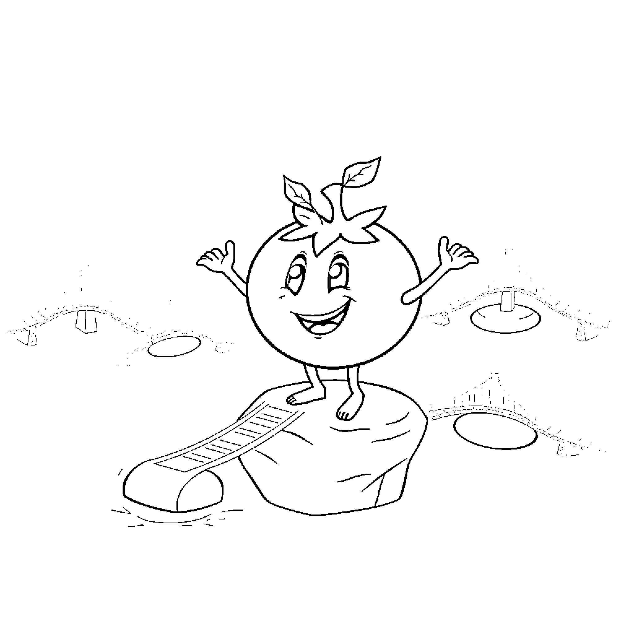 Tomato character in a playful scene Coloring Page (free black-and-white line drawing printable PDF for all, from beginners to advanced learners, including children, teens, adults, and seniors)
