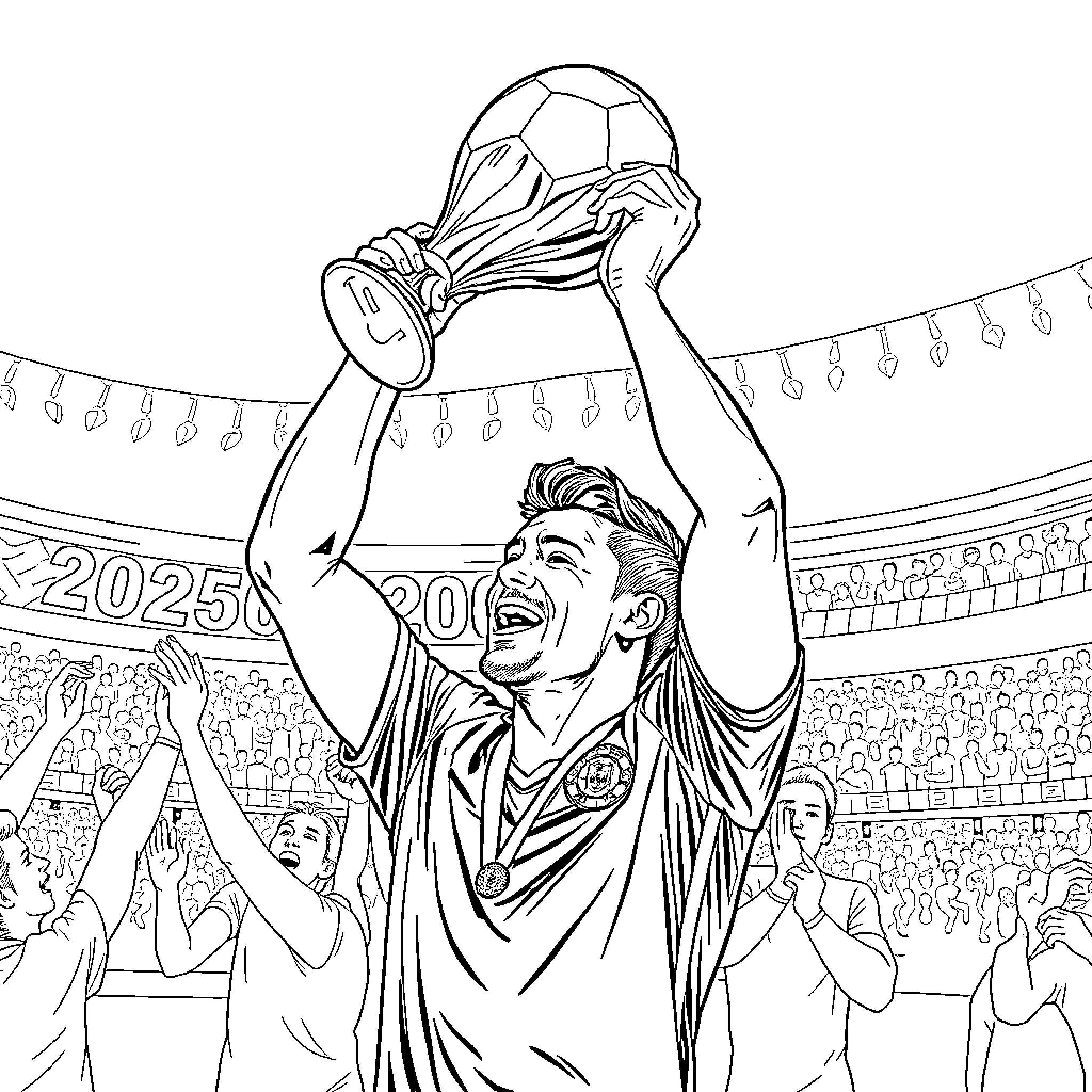 Cr7 Celebrating Trophy Lift in Stadium Coloring Page (free black-and-white line drawing printable PDF for all, from beginners to advanced learners, including children, teens, adults, and seniors)