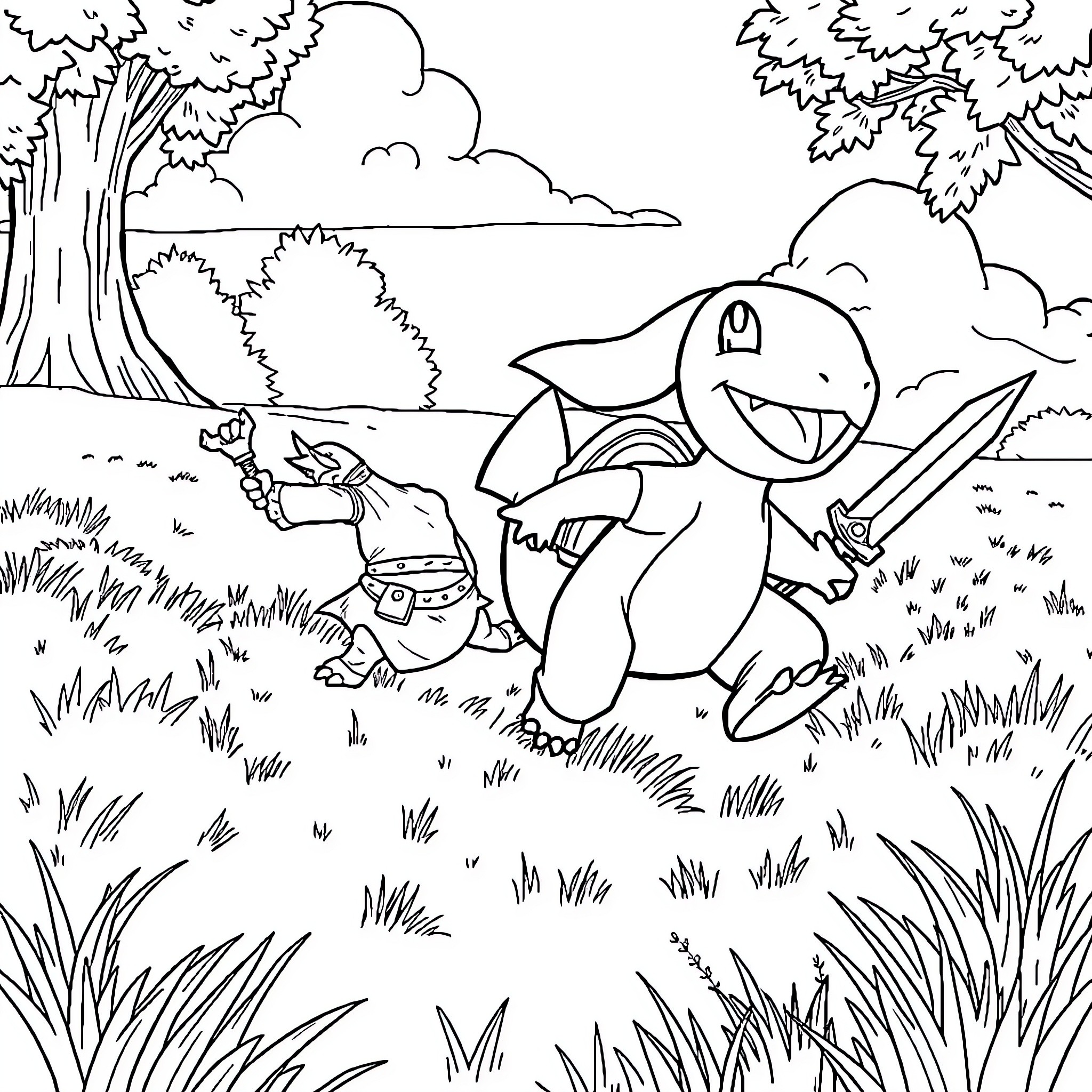 Charmander adventuring in the forest Coloring Page (free black-and-white line drawing printable PDF for all, from beginners to advanced learners, including children, teens, adults, and seniors)