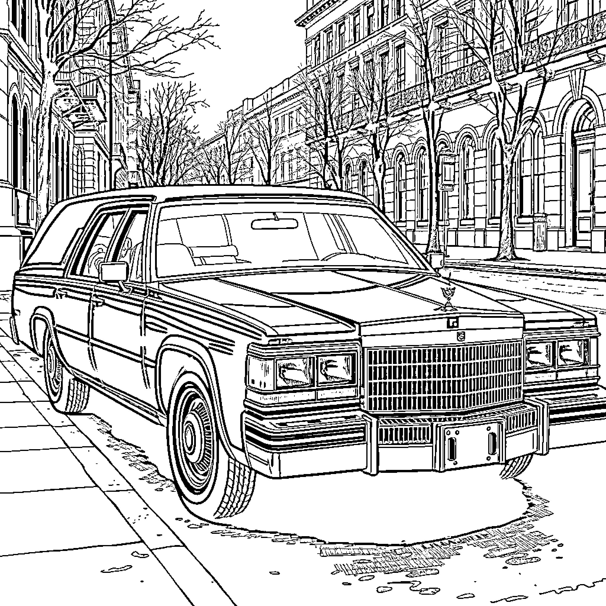 Cadillac Classic Station Wagon Parked on City Street Coloring Page (free black-and-white line drawing printable PDF for all, from beginners to advanced learners, including children, teens, adults, and seniors)