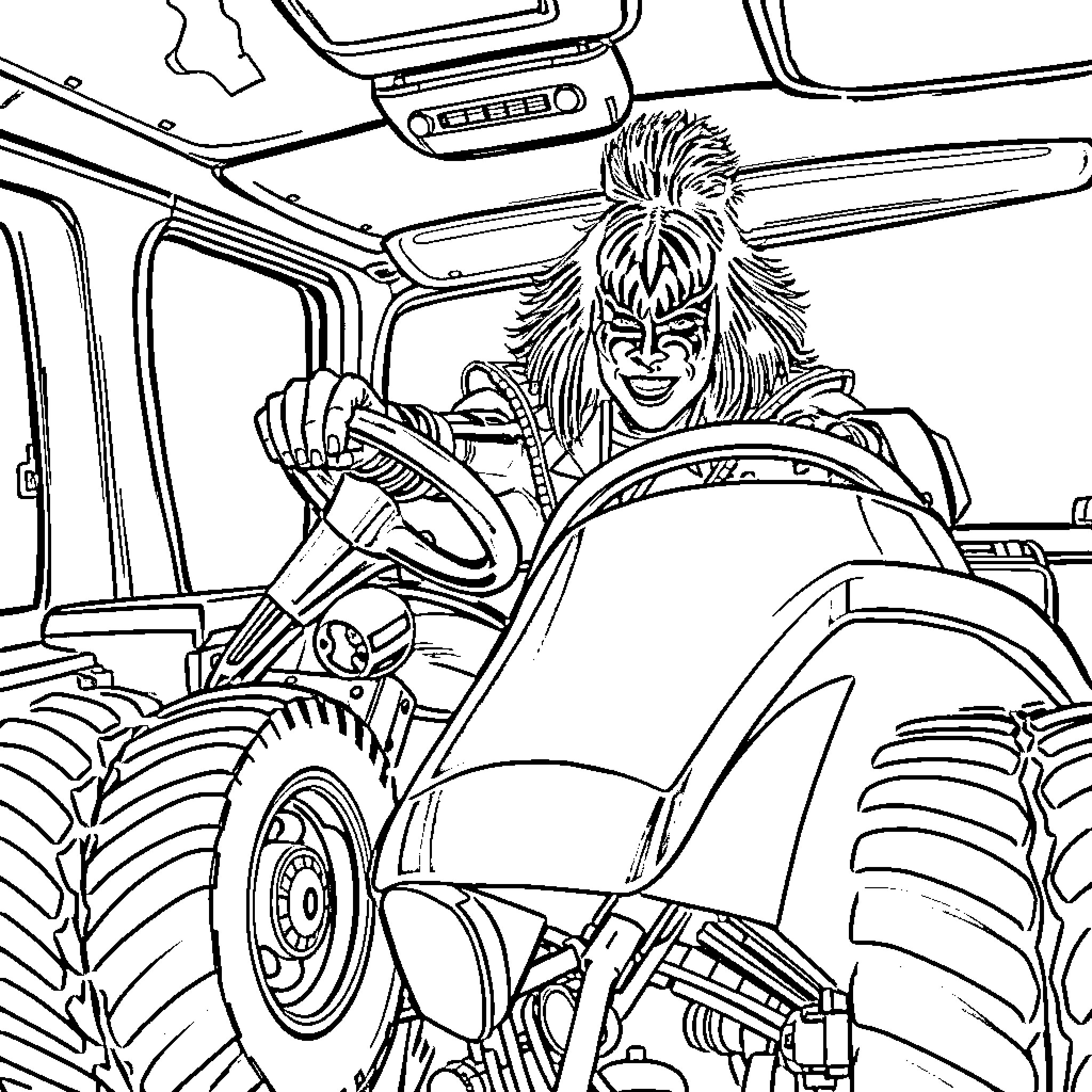 Gene Simmons Driving a Monster Truck with Enthusiasm Coloring Page (free black-and-white line drawing printable PDF for all, from beginners to advanced learners, including children, teens, adults, and seniors)