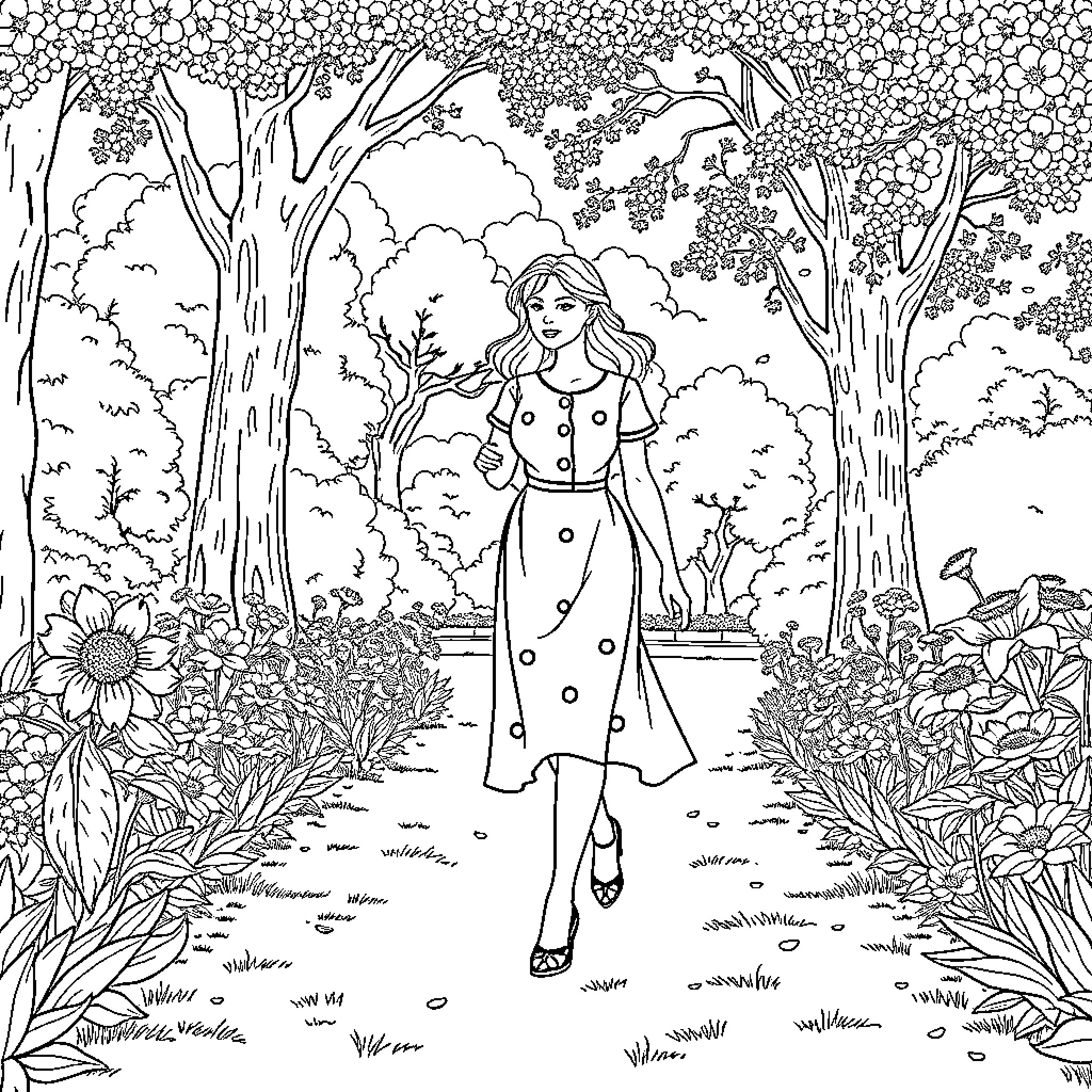 Daphne enjoying a scenic stroll through the forest Coloring Page (free black-and-white line drawing printable PDF for all, from beginners to advanced learners, including children, teens, adults, and seniors)