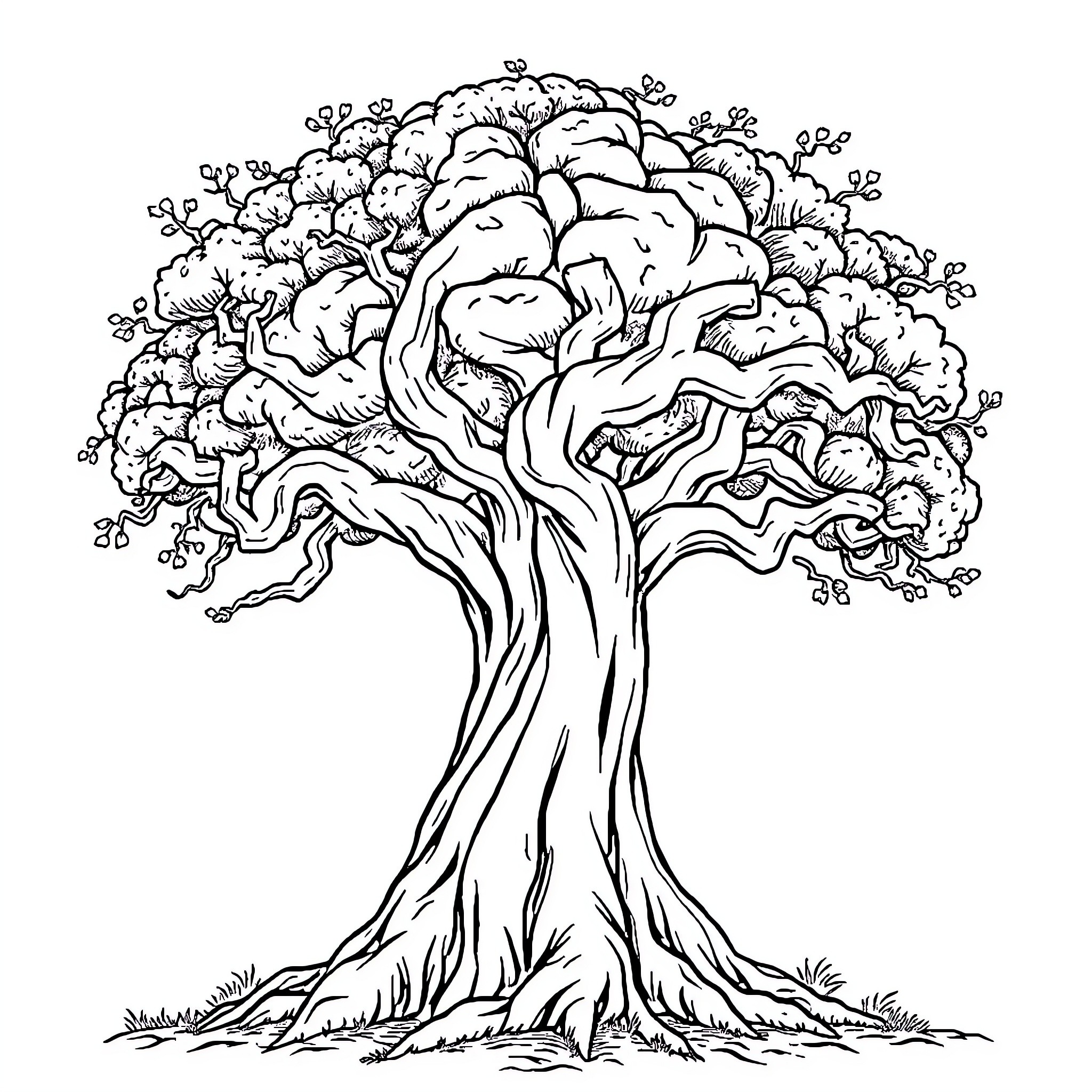 Tree with Intricate Branches and Foliage Coloring Page (free black-and-white line drawing printable PDF for all, from beginners to advanced learners, including children, teens, adults, and seniors)