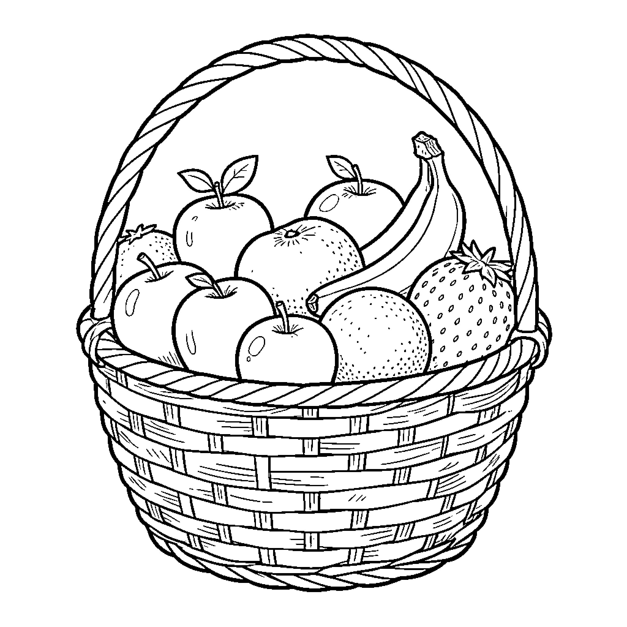 Fruit Basket with Assorted Produce Coloring Page (free black-and-white line drawing printable PDF for all, from beginners to advanced learners, including children, teens, adults, and seniors)