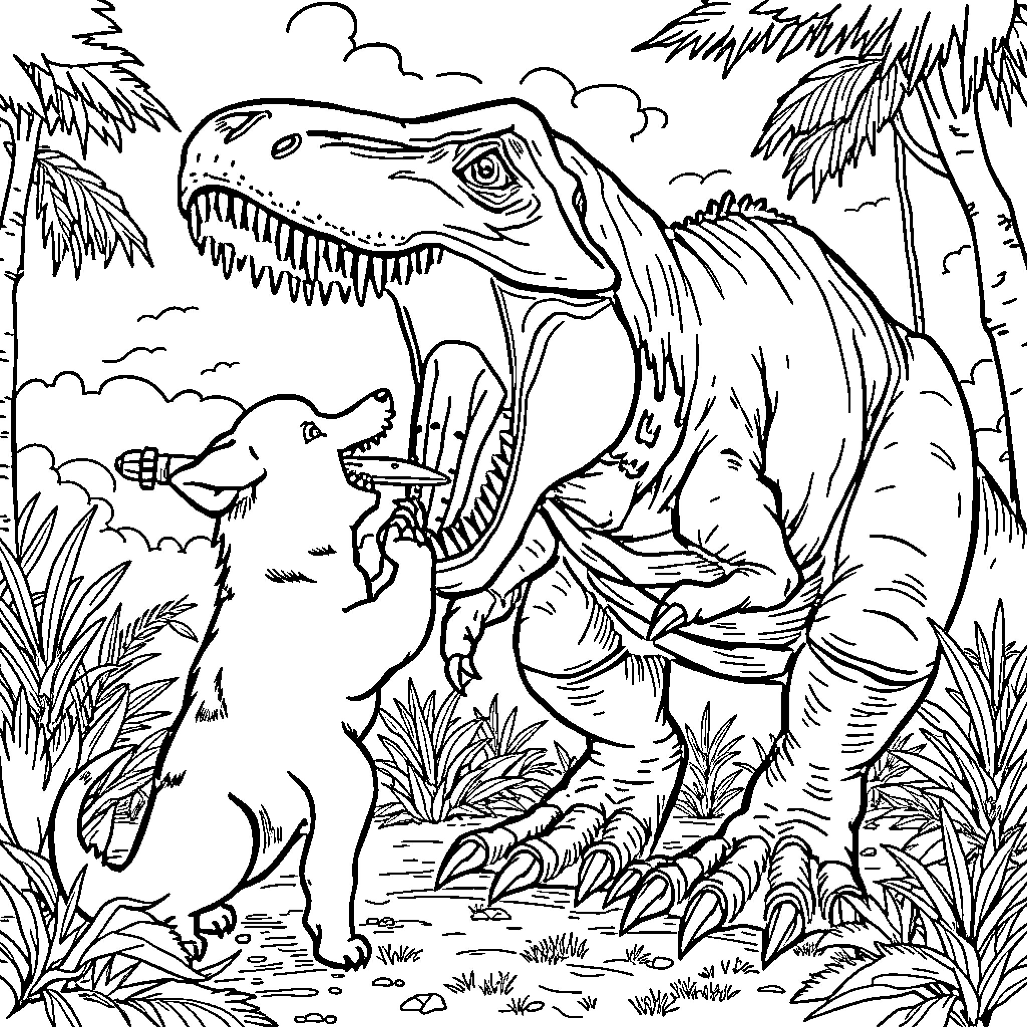 Dog Roams Jungle Alongside Fearsome Dinosaur Coloring Page (free black-and-white line drawing printable PDF for all, from beginners to advanced learners, including children, teens, adults, and seniors)