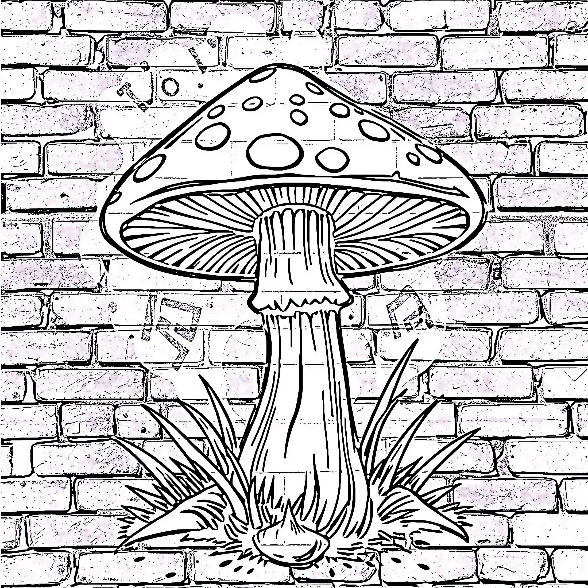 Mushroom decorative illustration on brick wall Coloring Page (free black-and-white line drawing printable PDF for all, from beginners to advanced learners, including children, teens, adults, and seniors)