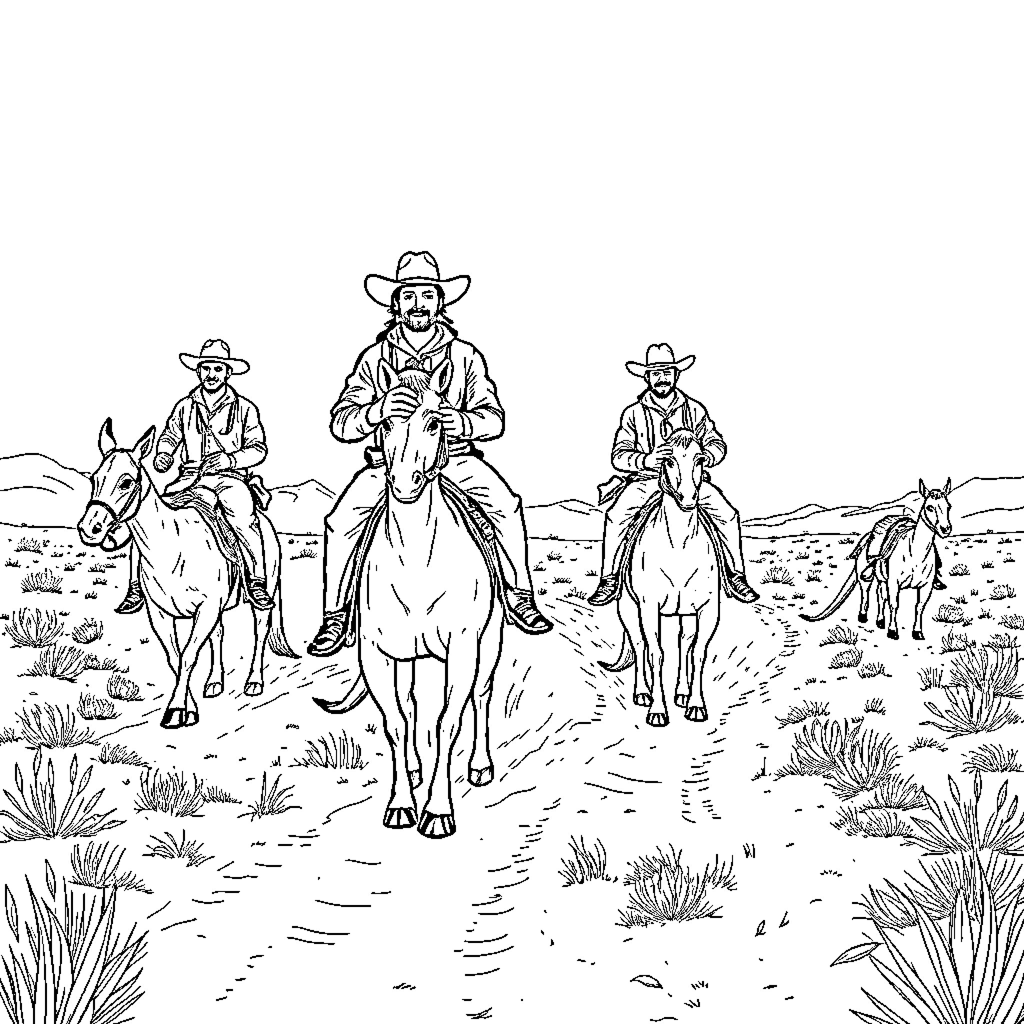 Kangaroos riding horses on a desert landscape Coloring Page (free black-and-white line drawing printable PDF for all, from beginners to advanced learners, including children, teens, adults, and seniors)