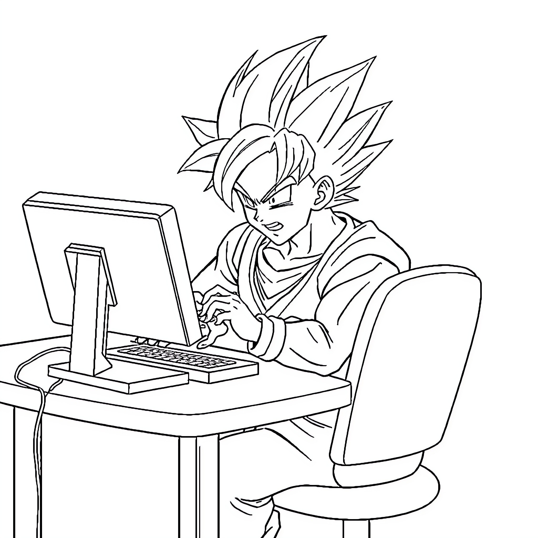 Son Goku working diligently on a computer Coloring Page (free black-and-white line drawing printable PDF for all, from beginners to advanced learners, including children, teens, adults, and seniors)