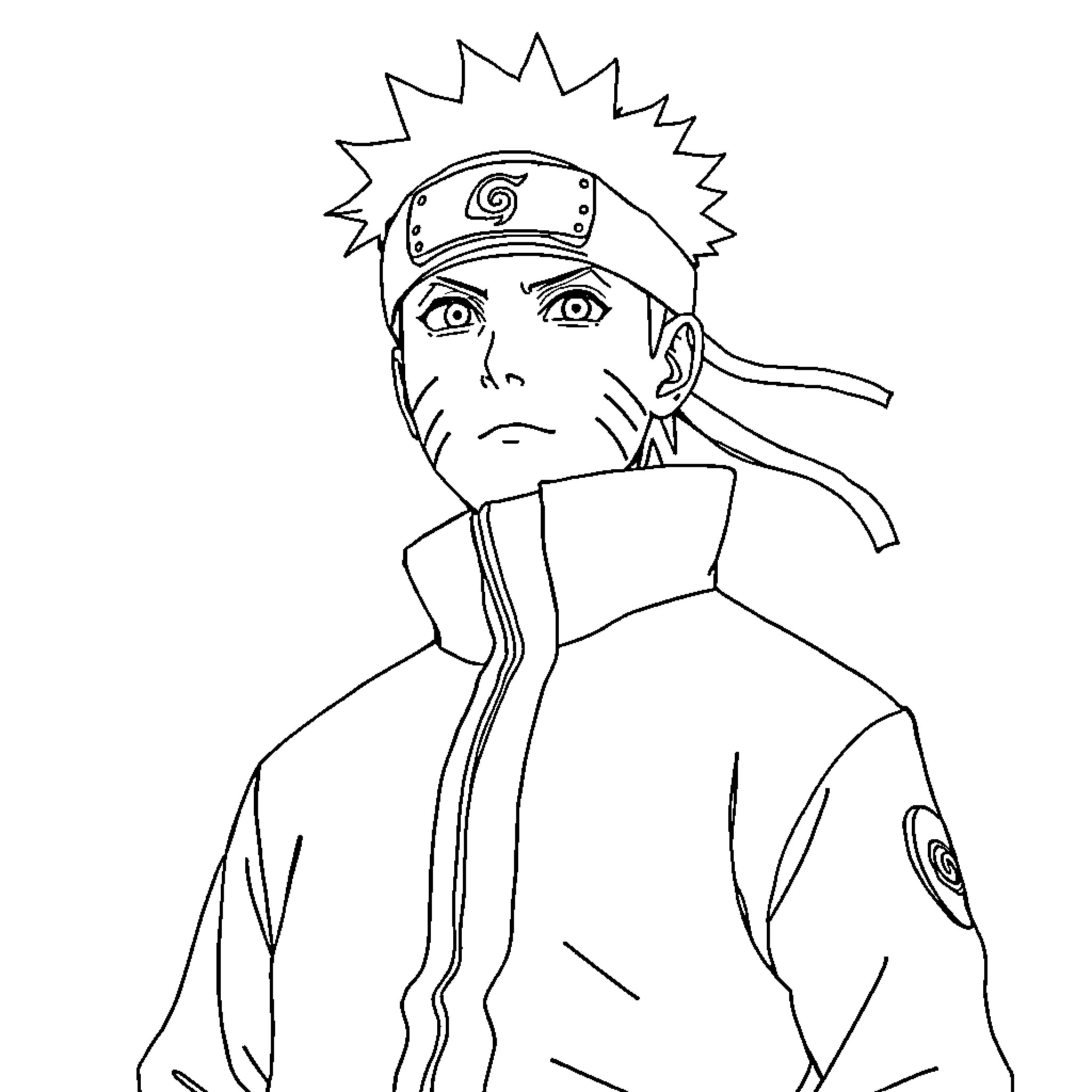 Naruto in serious expression with ninja outfit Coloring Page (free black-and-white line drawing printable PDF for all, from beginners to advanced learners, including children, teens, adults, and seniors)