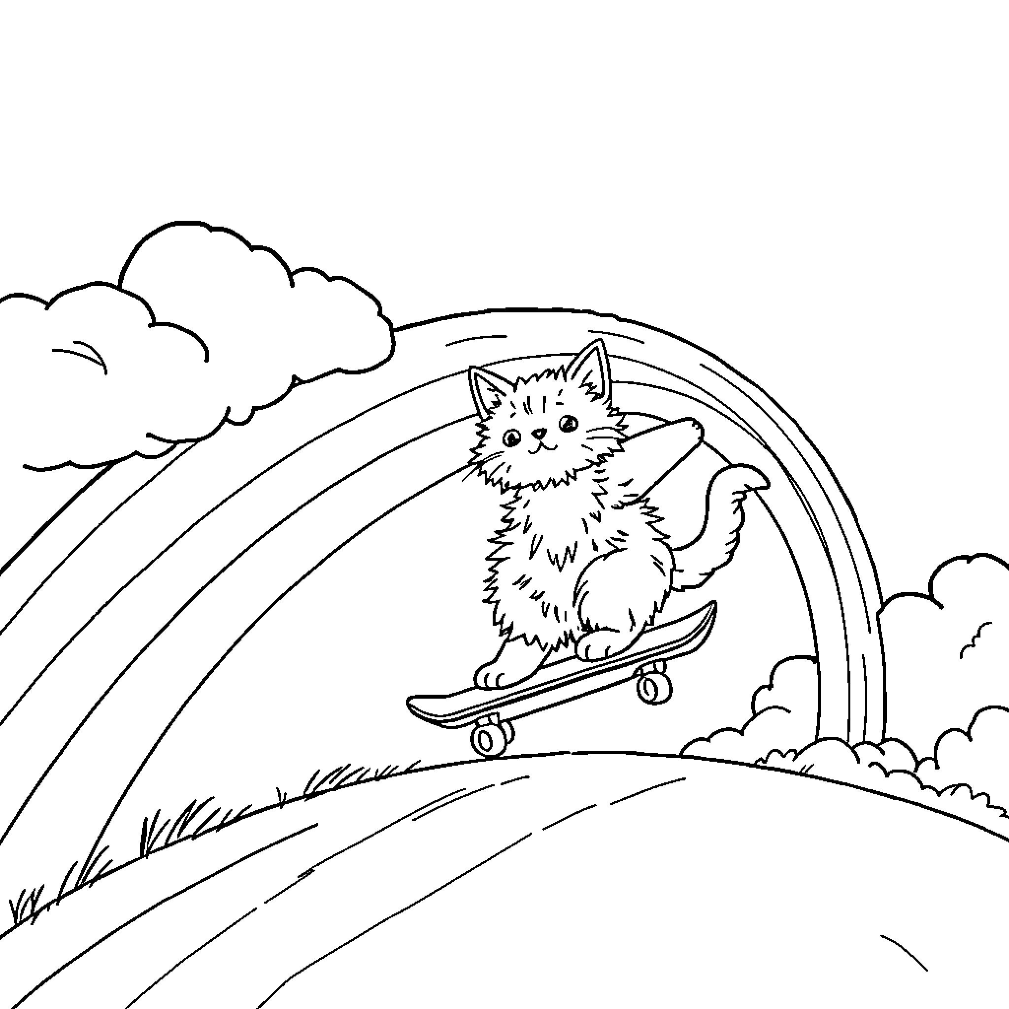 Cat riding skateboard under rainbow Coloring Page (free black-and-white line drawing printable PDF for all, from beginners to advanced learners, including children, teens, adults, and seniors)