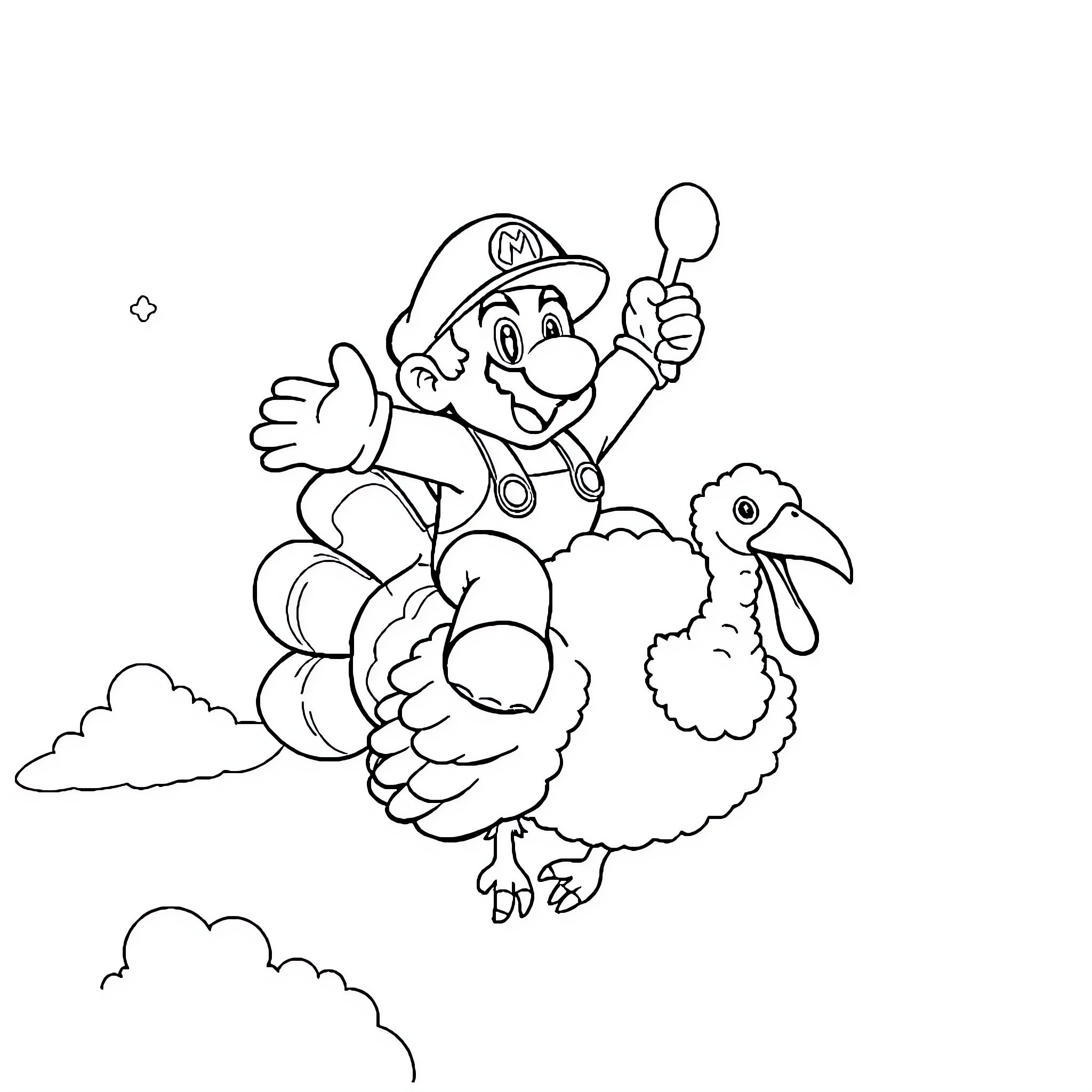 Mario riding a turkey in the sky Coloring Page (free black-and-white line drawing printable PDF for all, from beginners to advanced learners, including children, teens, adults, and seniors)