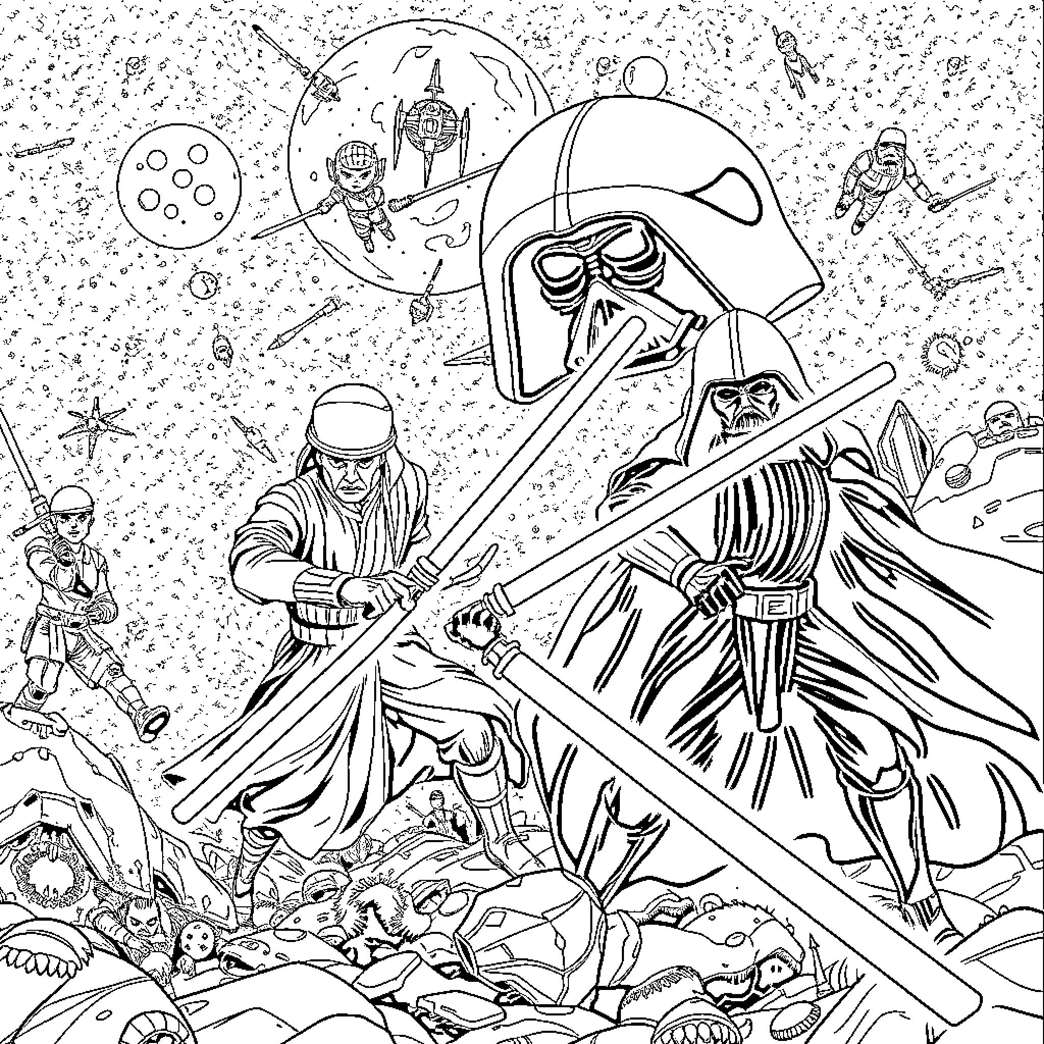 Star Wars: Epic Space Battle with Iconic Characters Coloring Page (free black-and-white line drawing printable PDF for all, from beginners to advanced learners, including children, teens, adults, and seniors)