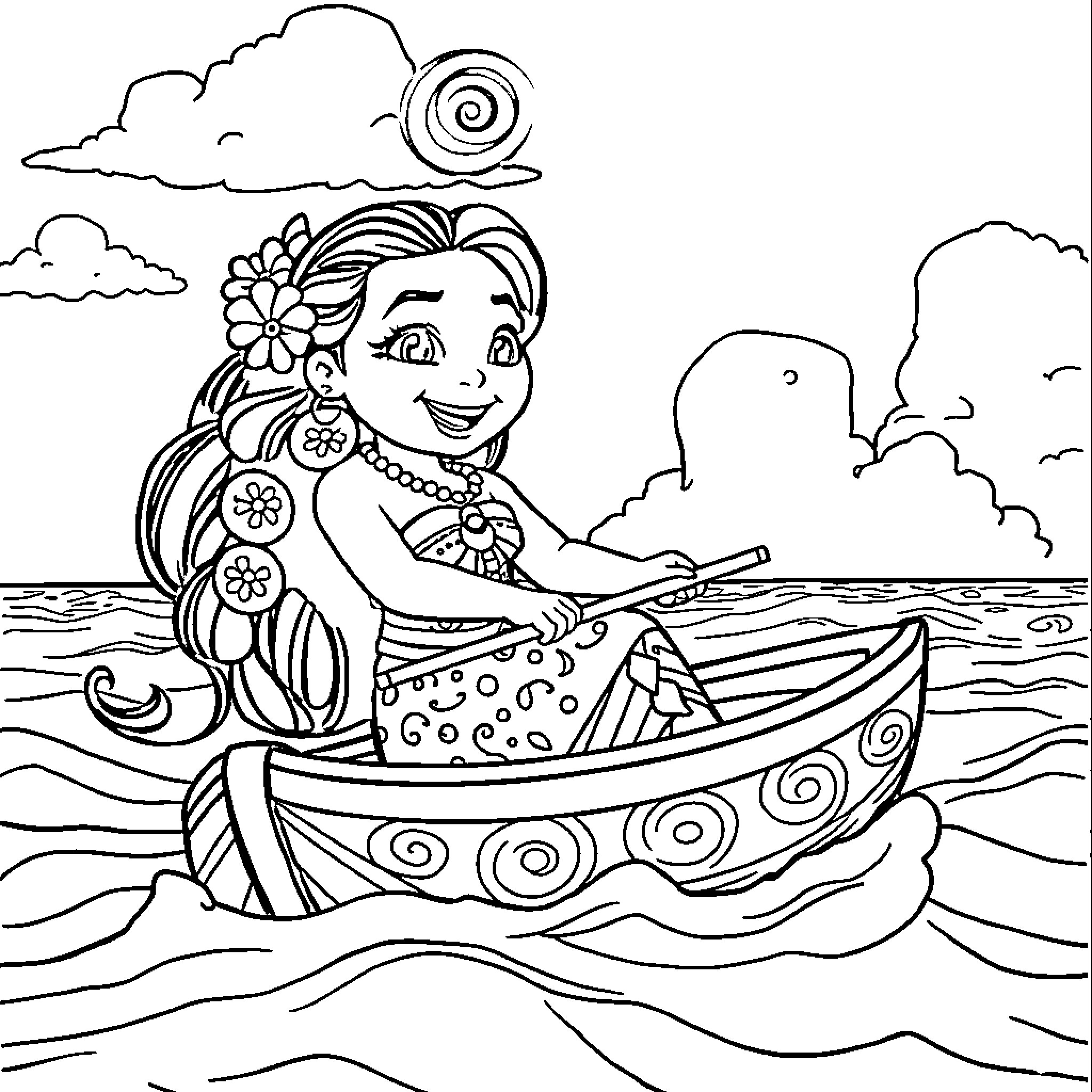 Moana sailing on the ocean in a decorative boat Coloring Page (free black-and-white line drawing printable PDF for all, from beginners to advanced learners, including children, teens, adults, and seniors)