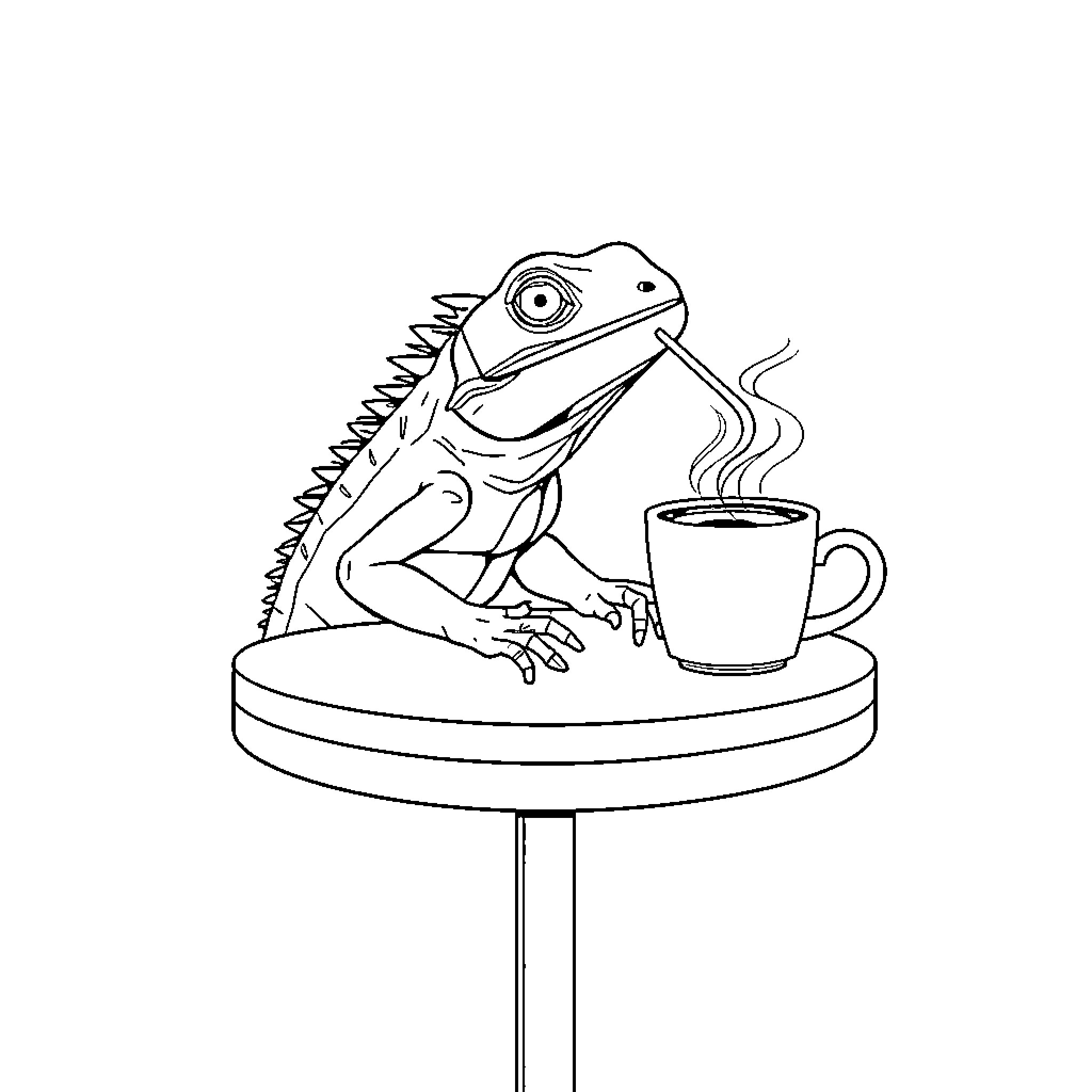 Iguana enjoying a hot beverage Coloring Page (free black-and-white line drawing printable PDF for all, from beginners to advanced learners, including children, teens, adults, and seniors)