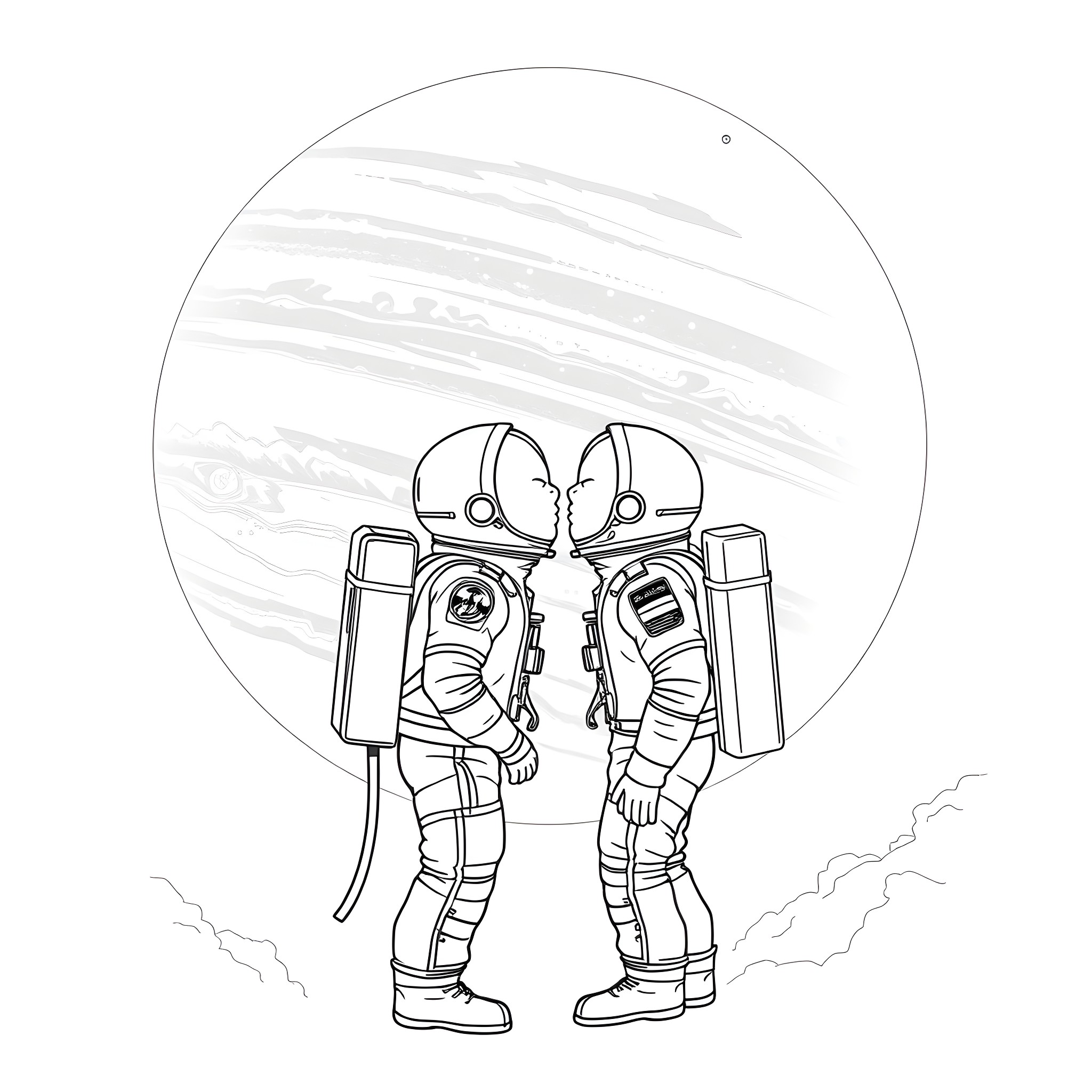 Man in astronaut suits exploring outer space Coloring Page (free black-and-white line drawing printable PDF for all, from beginners to advanced learners, including children, teens, adults, and seniors)
