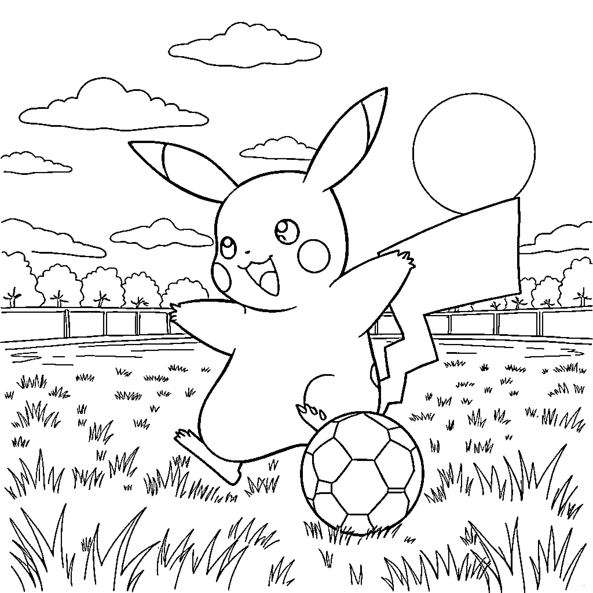 Pikachu playing soccer in a grassy field Coloring Page (free black-and-white line drawing printable PDF for all, from beginners to advanced learners, including children, teens, adults, and seniors)