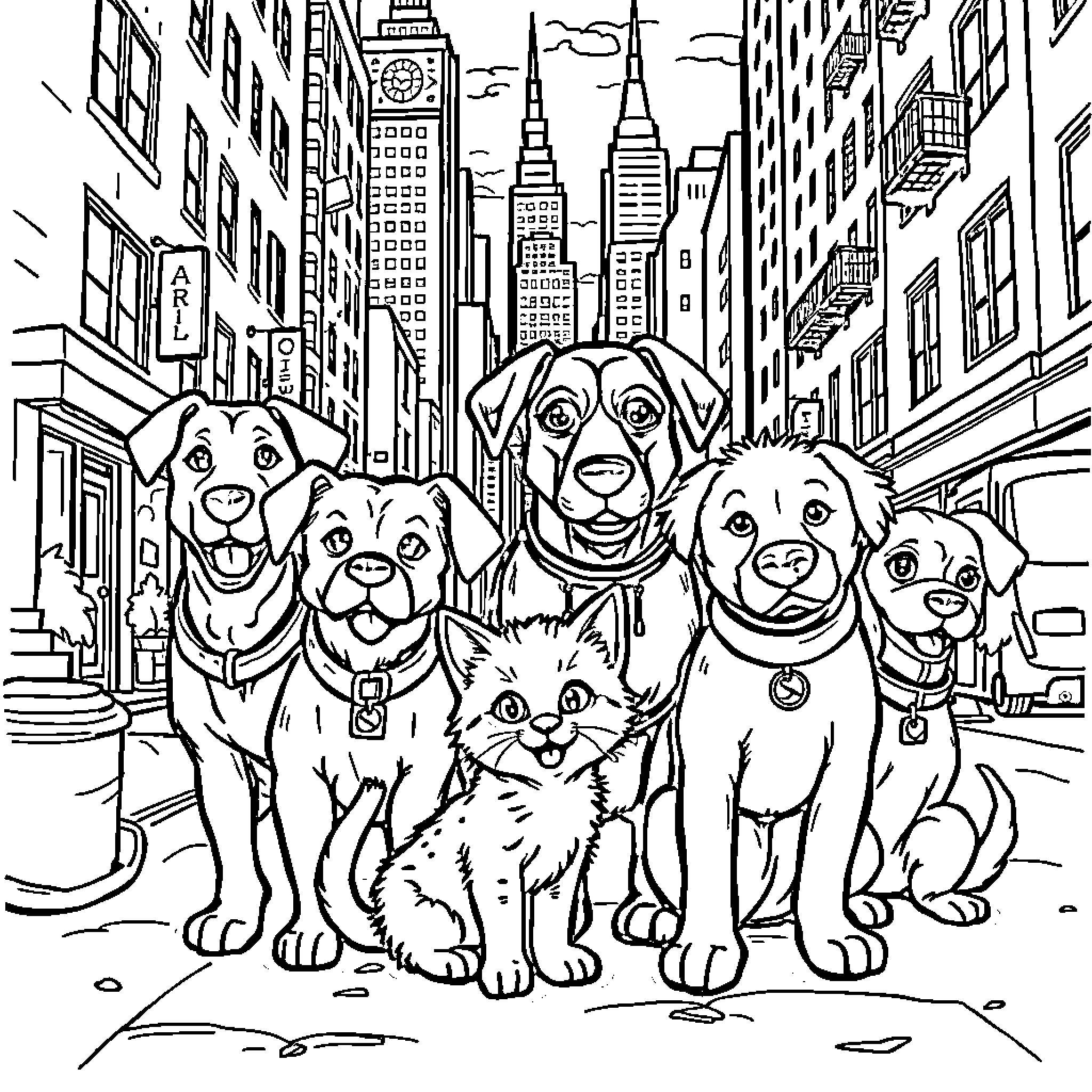 Oliver's Pets Explore the City Streets Coloring Page (free black-and-white line drawing printable PDF for all, from beginners to advanced learners, including children, teens, adults, and seniors)